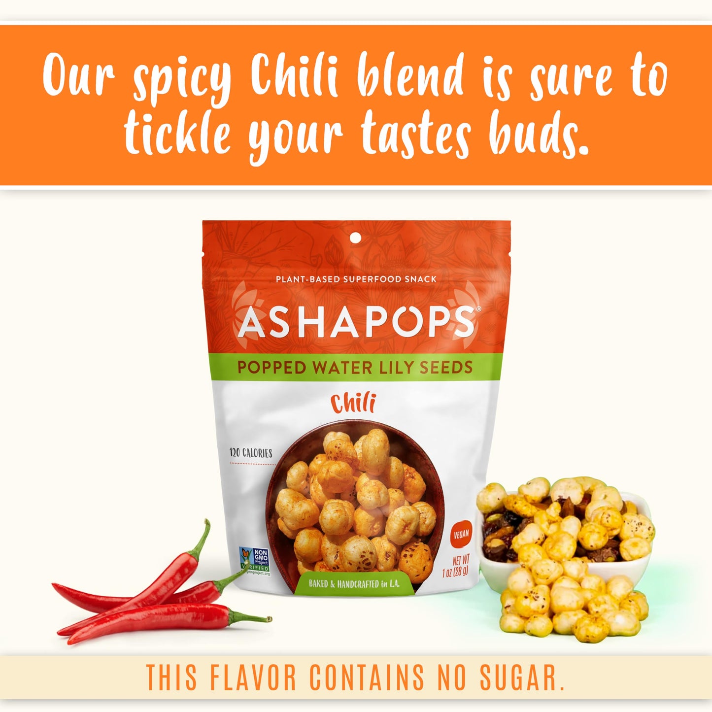 AshaPops Chili Flavored Popped Water Lily Seeds - Gluten-Free, Vegan, Paleo, Nut-Free, Corn-Free, Soy-Free, Non-GMO, Delicious Plant-Based Crunchy