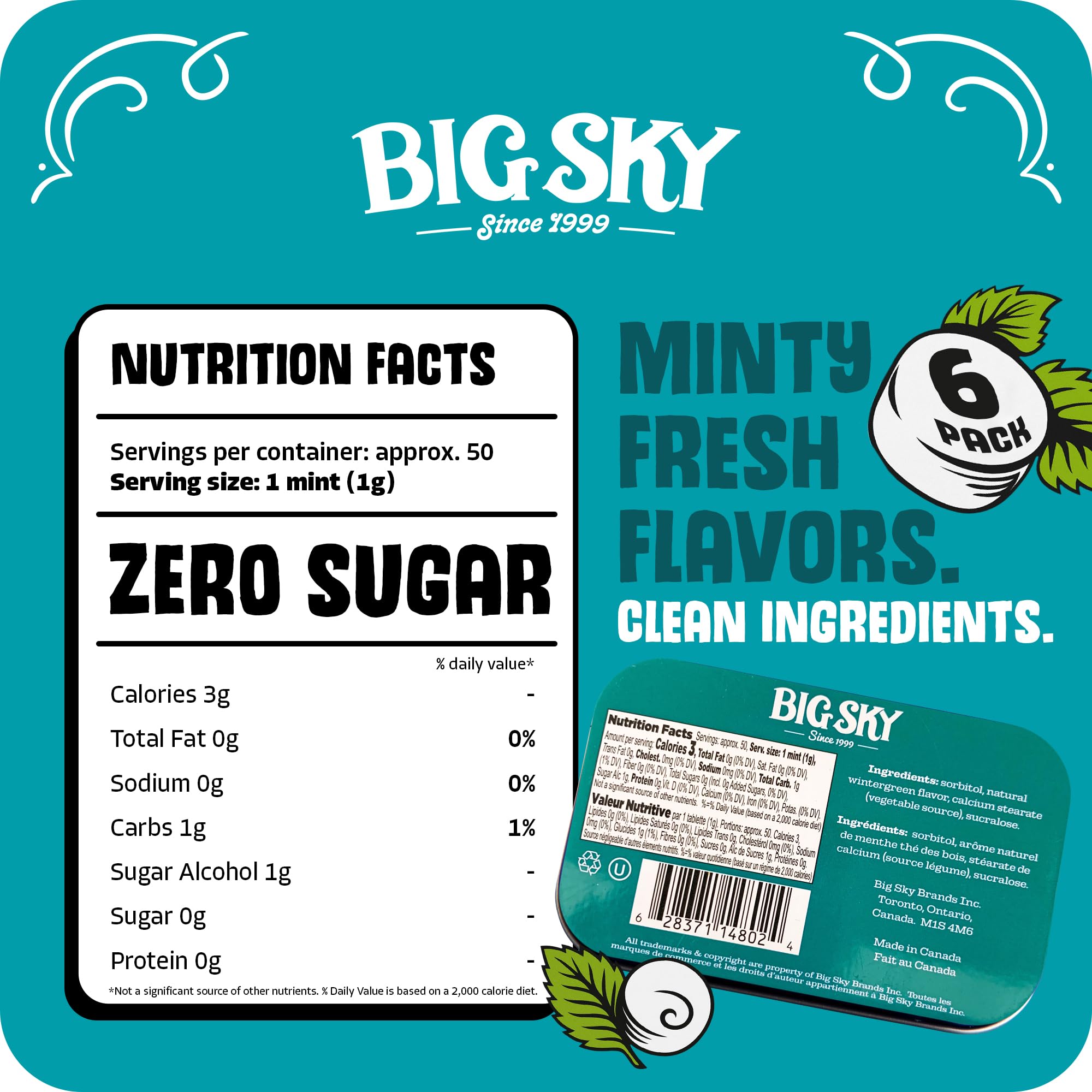 Big Sky Sugar Free Wintergreen Mints - 50 Count Tin (Pack of 6) | Kosher Certified, Vegan Wintergreen Candy | Aspartame & Gluten Free, Natural Breath