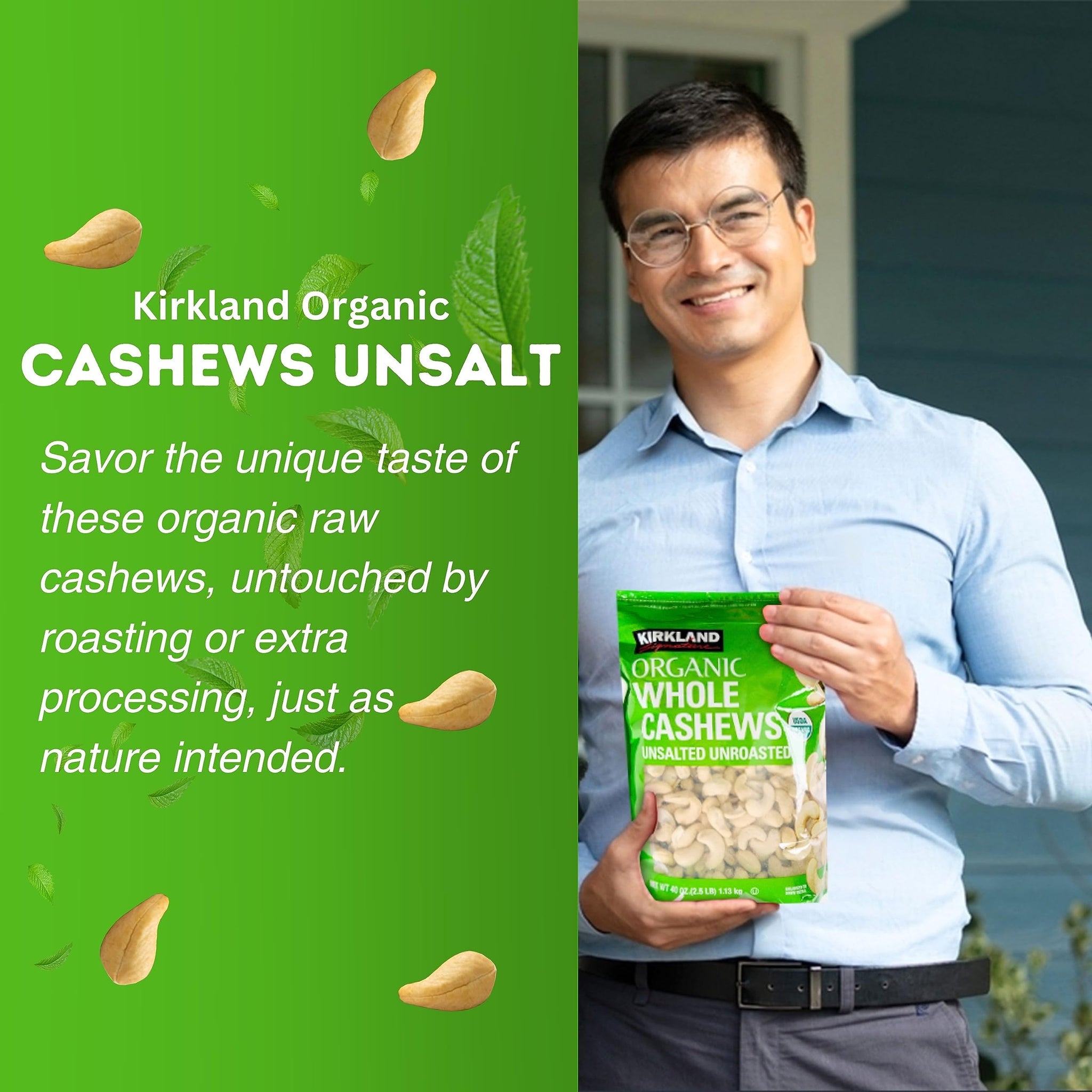 Worldwide Nutrition Bundle: Kirkland Signature Organic Whole Cashews Unsalted Unroasted - Perfect for Snacking, Cooking, and Gifting - 40 Ounce Cashew