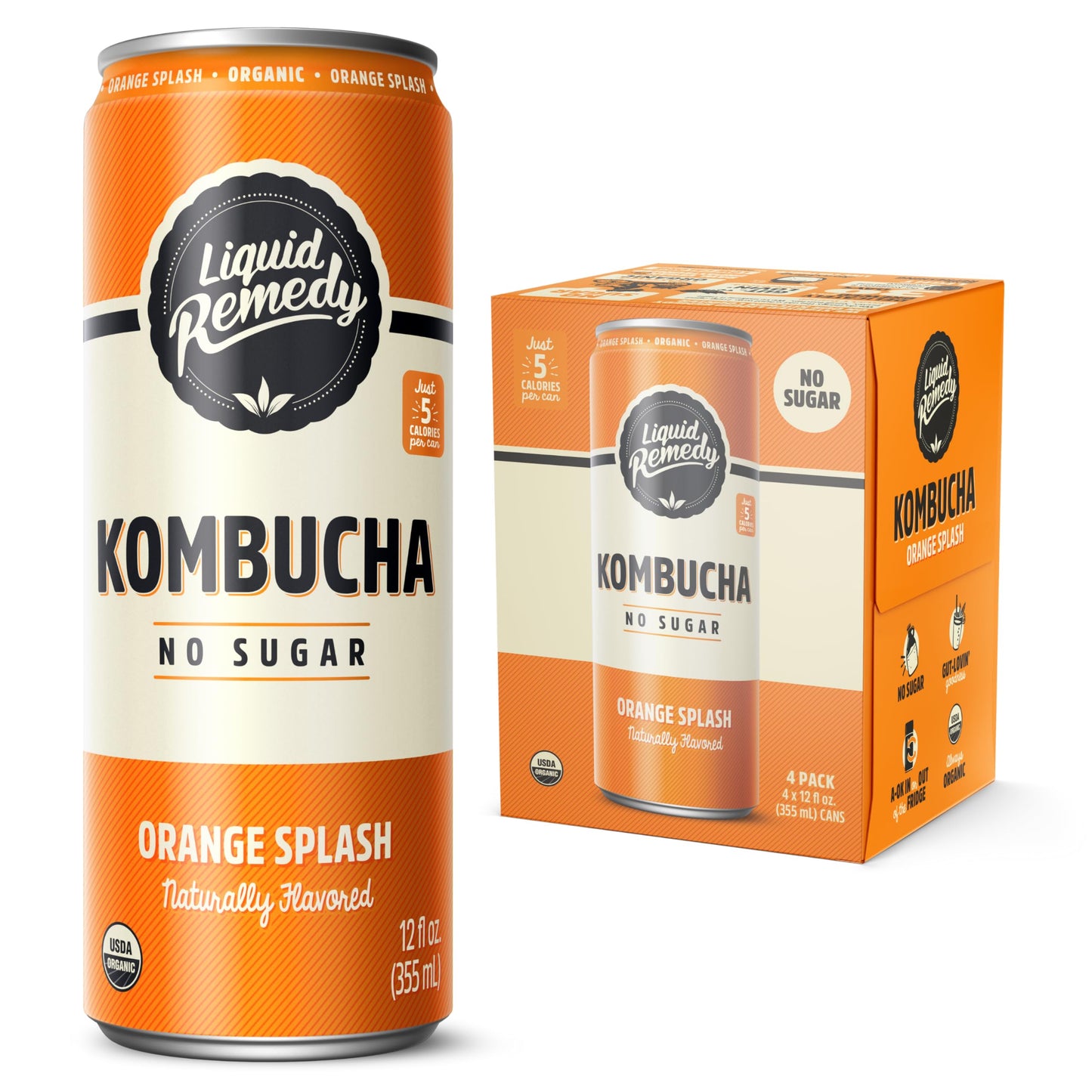 Liquid Remedy Kombucha Sugar Free Organic Drink, Low Calorie, Probiotic Like Tea for Gut Health - Orange Splash - 12 Fl Oz Can, 4-Pack