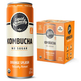 Liquid Remedy Kombucha Sugar Free Organic Drink, Low Calorie, Probiotic Like Tea for Gut Health - Orange Splash - 12 Fl Oz Can, 4-Pack