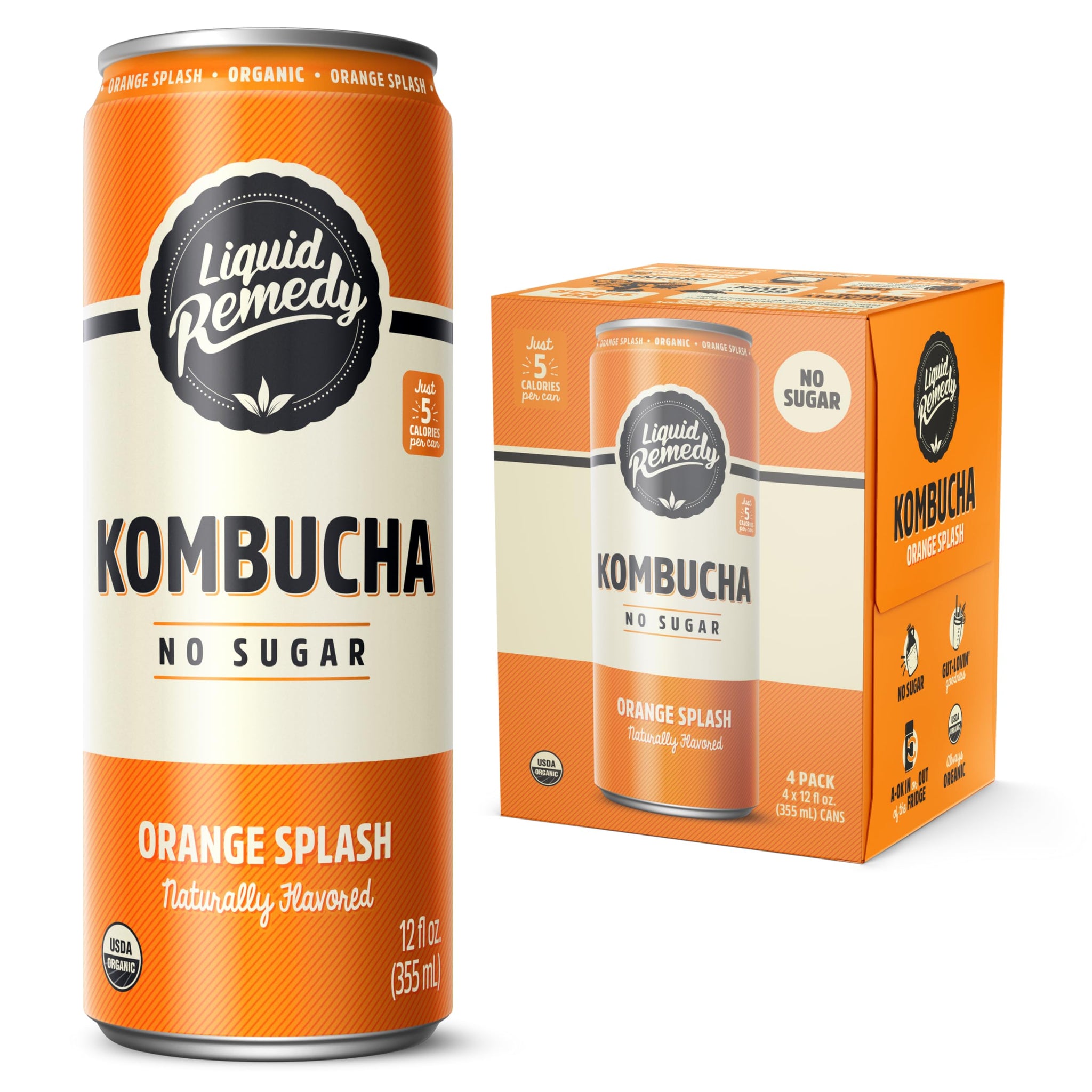 Liquid Remedy Kombucha Sugar Free Organic Drink, Low Calorie, Probiotic Like Tea for Gut Health - Orange Splash - 12 Fl Oz Can, 4-Pack