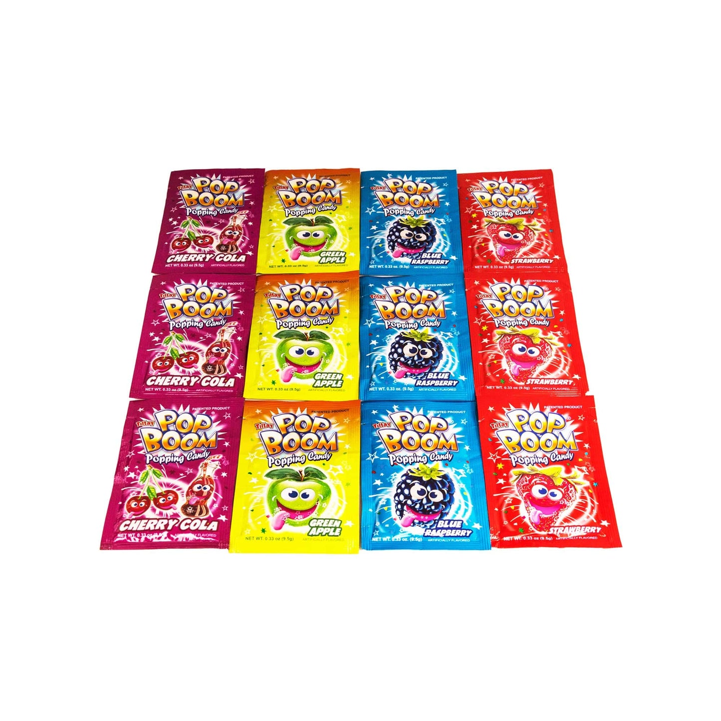 Pop Boom Popping Candy 12 Pack | 3 pack each of Strawberry, Blue Raspberry, Green Apple, Cherry Cola