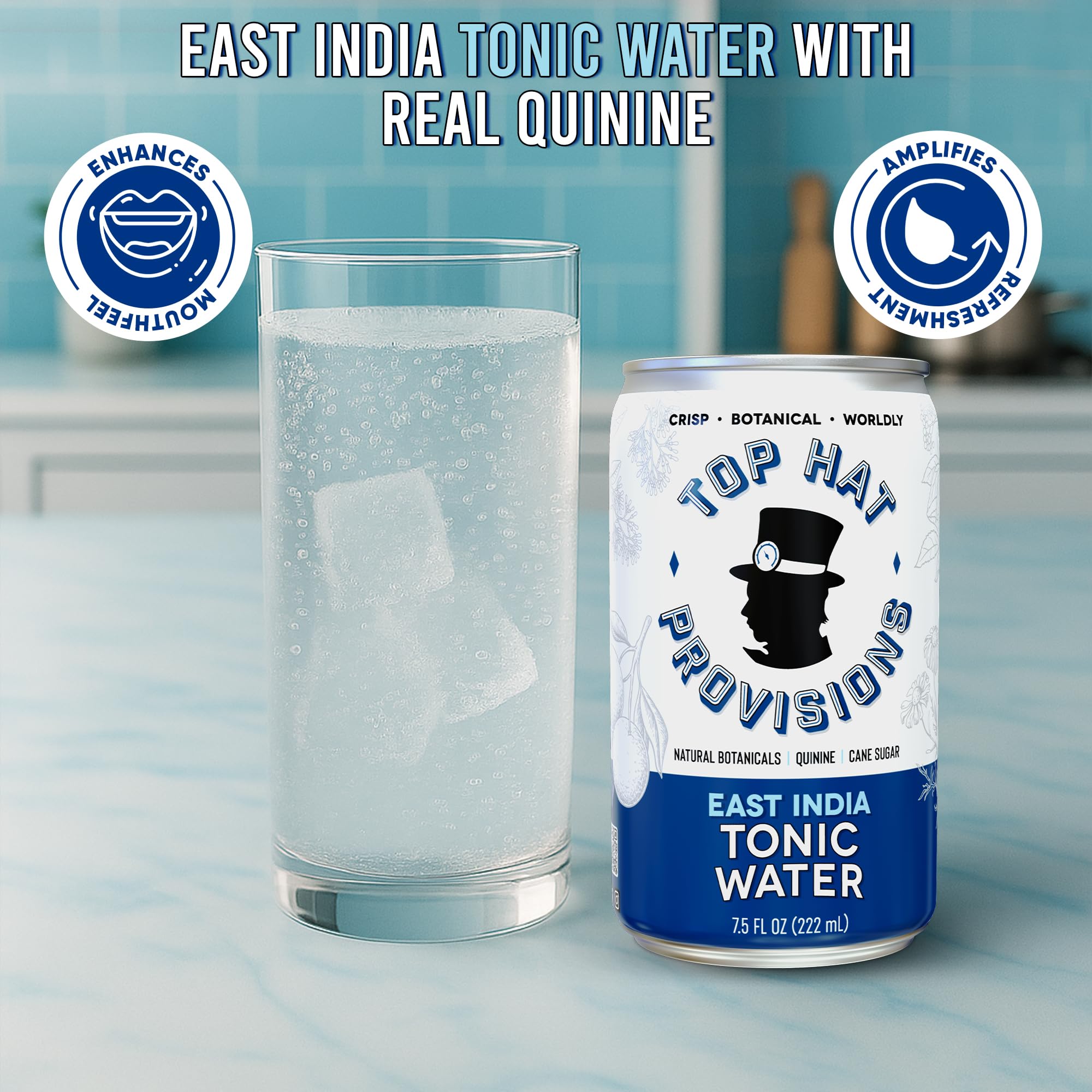 Top Hat East India Tonic Water with Real Quinine - Ideal for Cocktails & Mocktails - Profoundly Carbonated & Less Sweet - 52 Calories per Can - 7.5 Fl