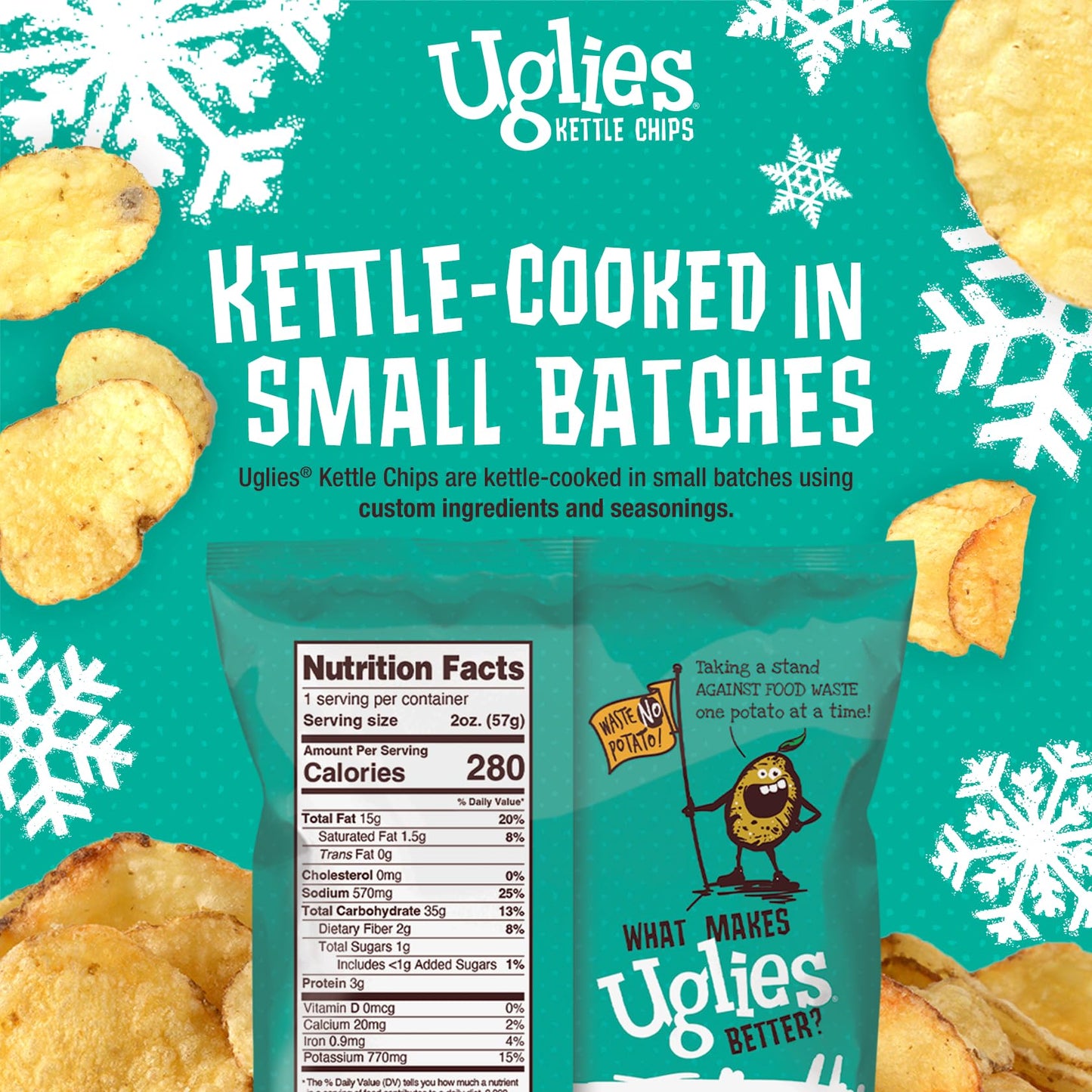 UGLIES Kettle-Cooked Potato Chips, Gluten-Free Snacks, Kosher-Friendly, Non-GMO Snacks for Kids or Office, Salt and Vinegar Potato Chips, 2 Oz. Each