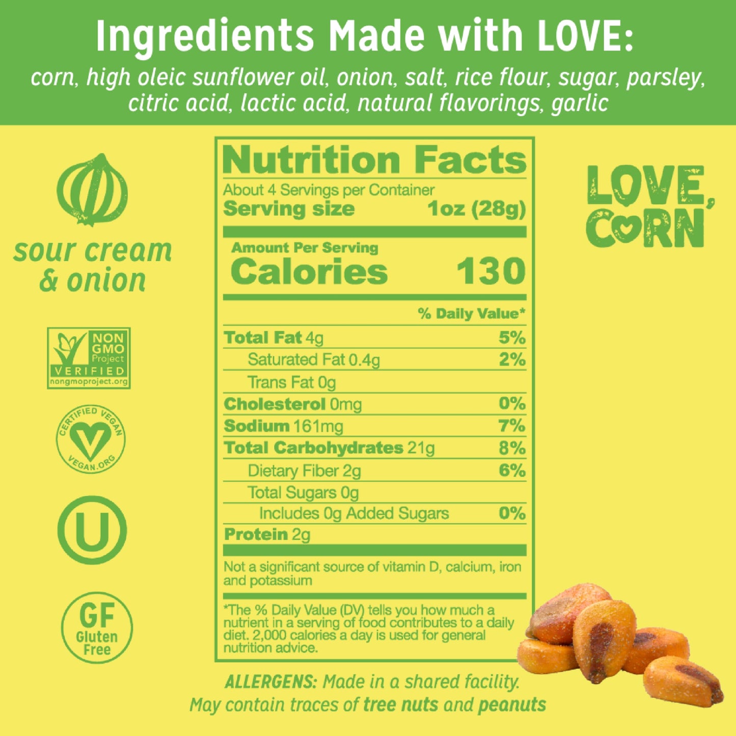 LOVE CORN Sour Cream & Onion - Crunchy Roasted Corn Snack, Gluten Free, Non-GMO, Zero Sugar, Vegan, Plant Based - Alternative to Chips, Nuts