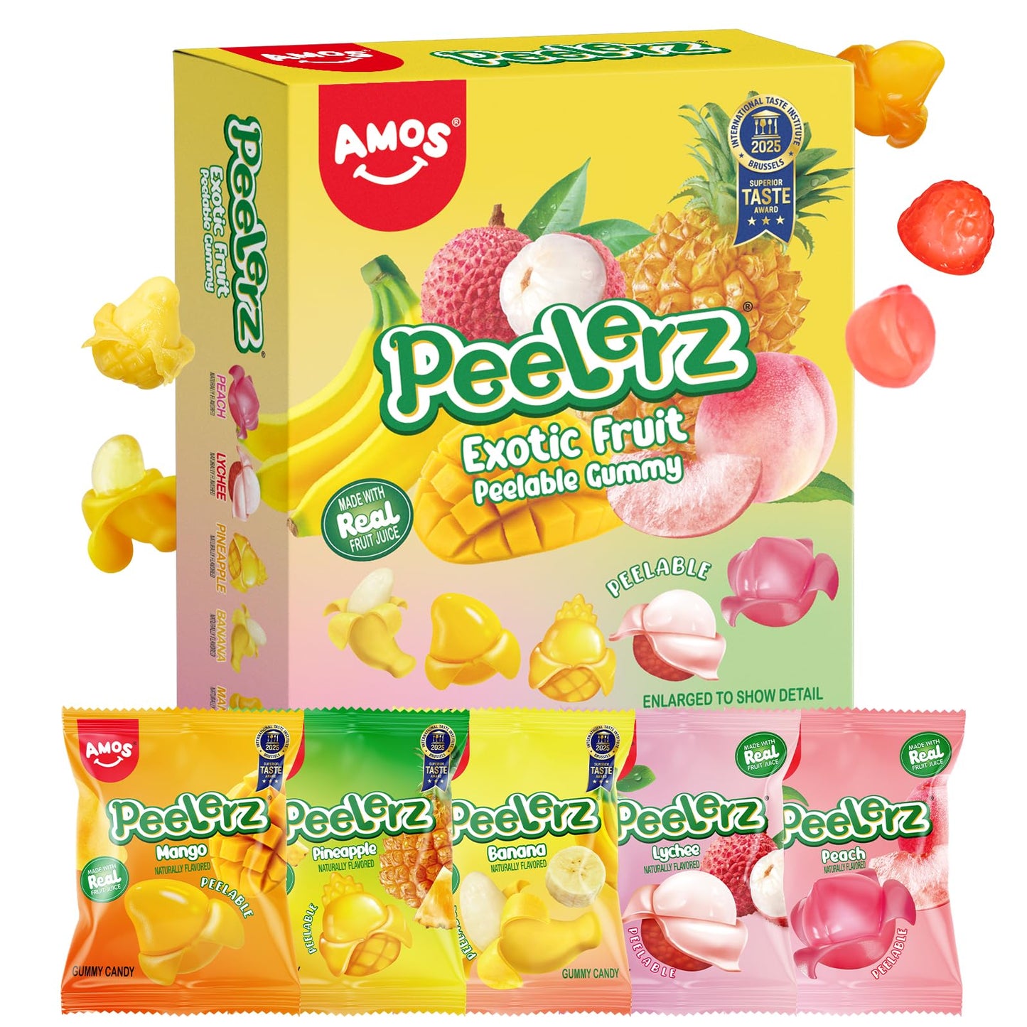 AMOS Peelerz Exotic Fruit Peelable Gummy Candy, 5 Tropical Flavors Mango Peach Banana Pineapple Lychee, Soft Chewy Filled Gummies, Individually