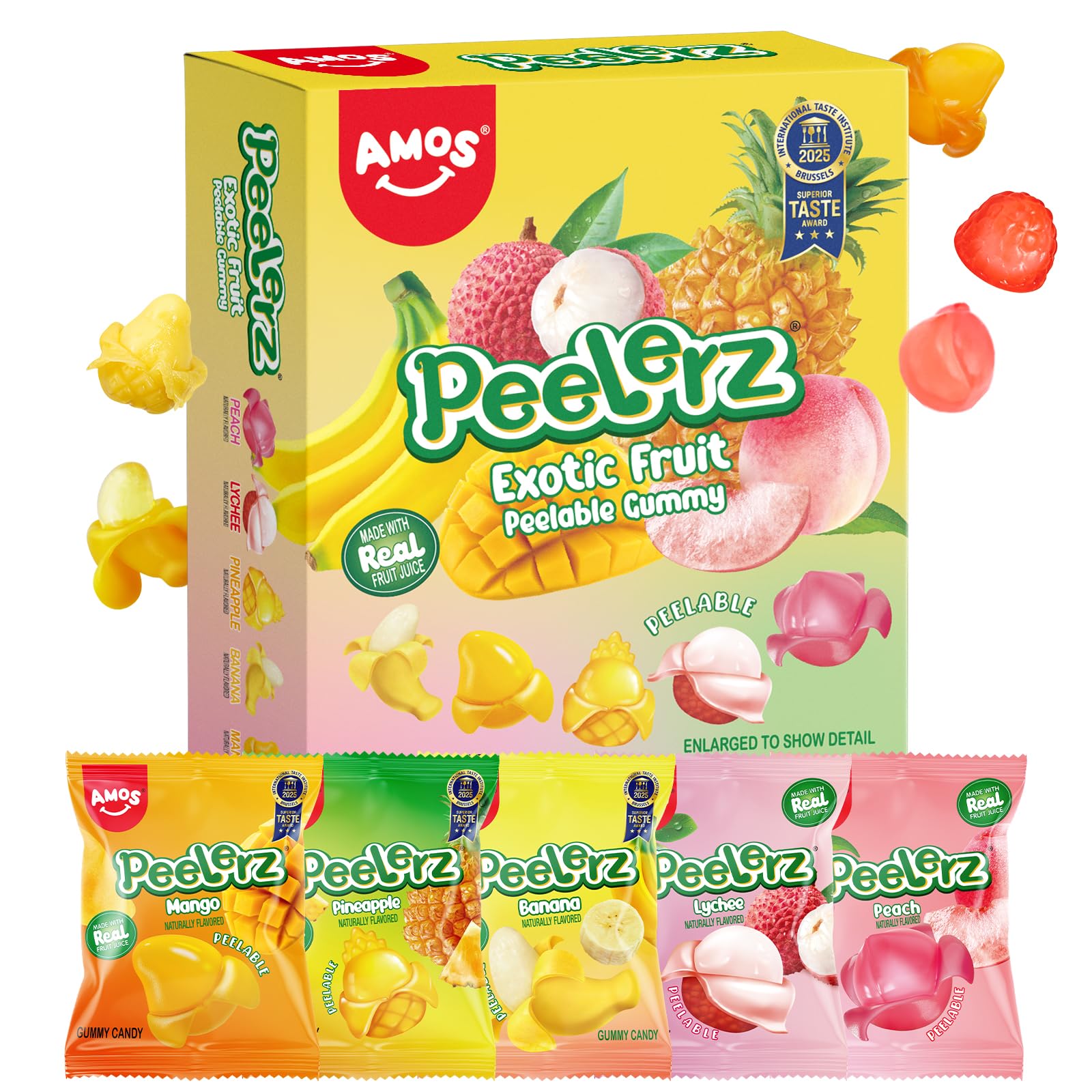 AMOS Peelerz Exotic Fruit Peelable Gummy Candy, 5 Tropical Flavors Mango Peach Banana Pineapple Lychee, Soft Chewy Filled Gummies, Individually