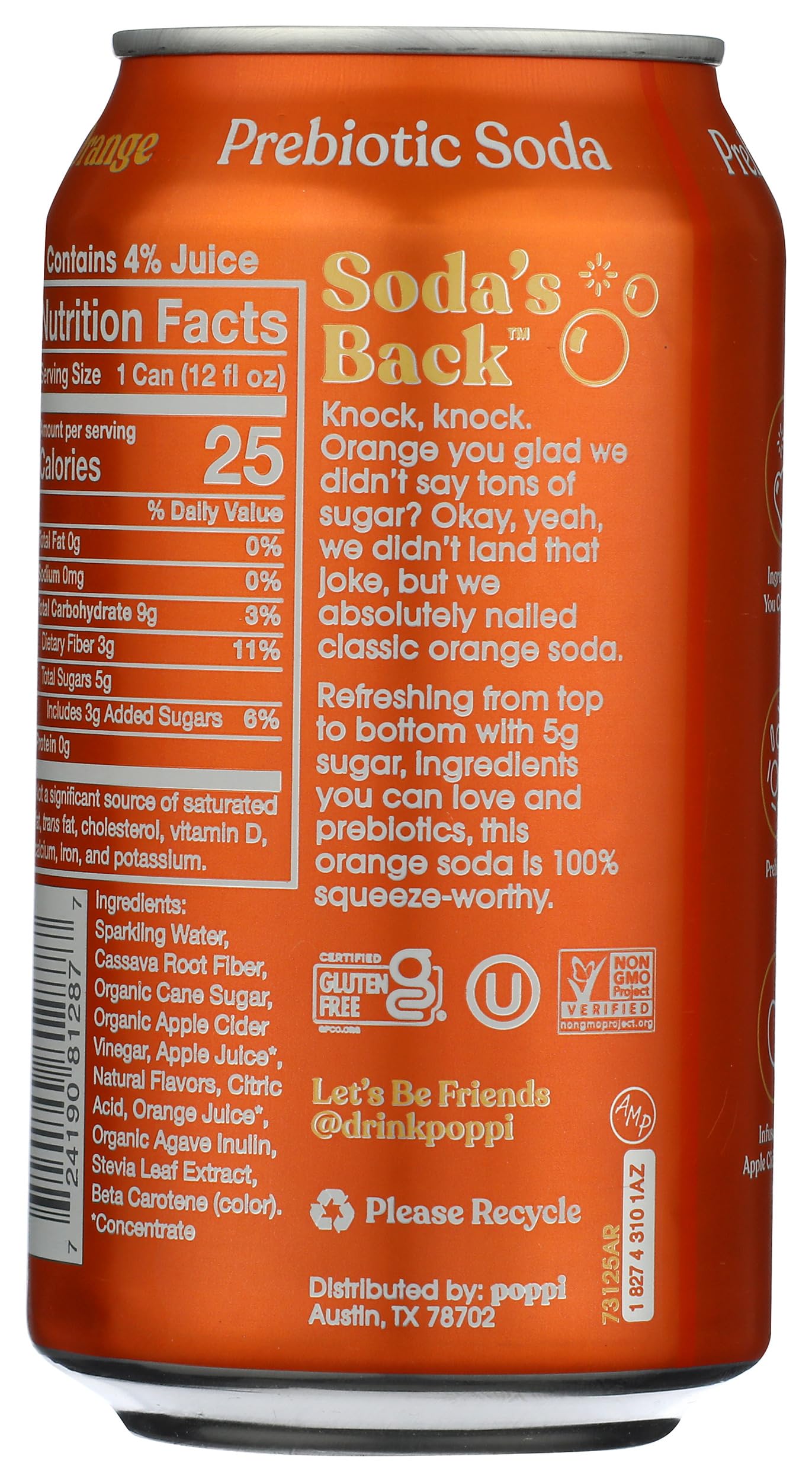 Poppi Sparkling Prebiotic Soda Beverage with Apple Cider Vinegar, Seltzer Water and Fruit Juice, Orange Flavor, 12 Fl Oz, 1 Count, Packaging May Vary