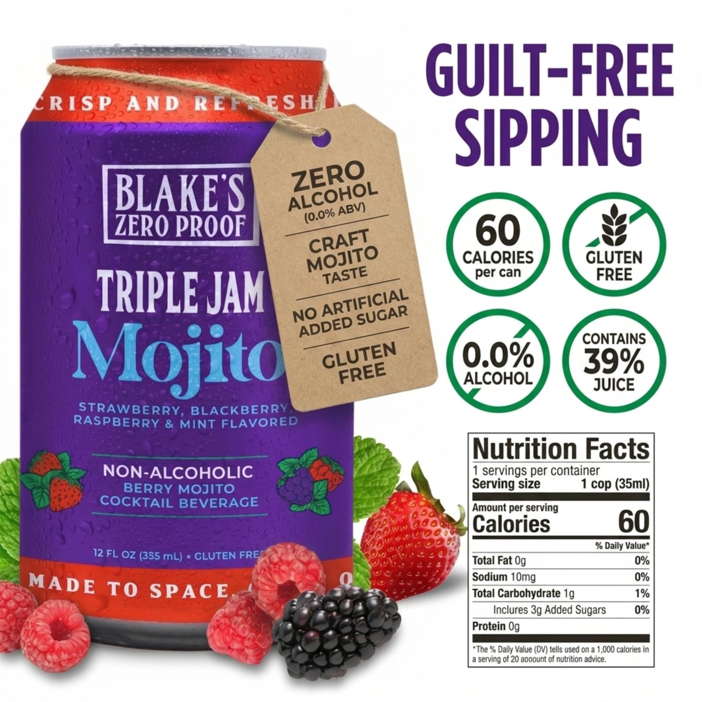 Blake’s Zero Proof Triple Jam Mojito Sparkling Mocktail - Non Alcoholic Carbonated Juice Beverage, Gluten Free, Berry Mint Inspired Flavor, Lightly