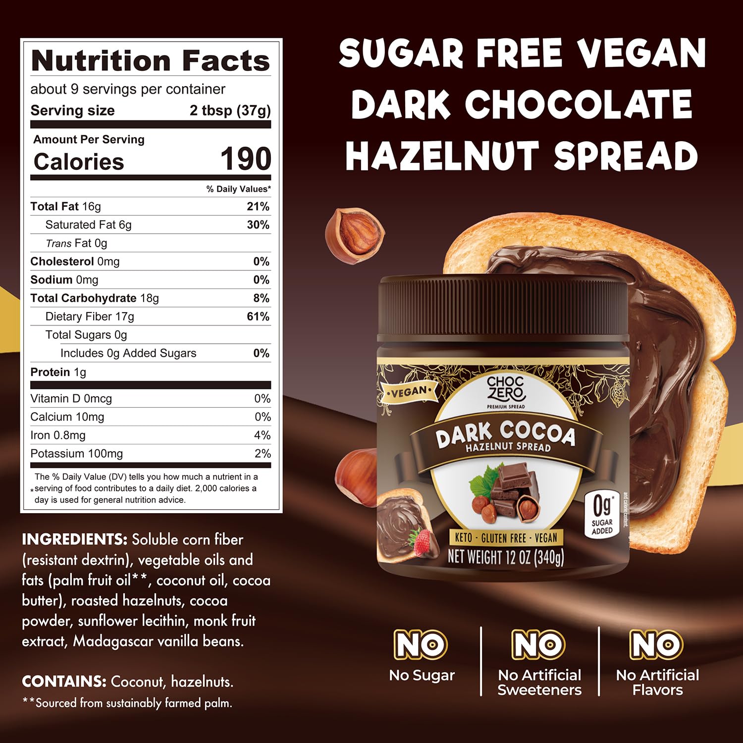 ChocZero Vegan Cocoa Hazelnut Spread - Sugar Free, Keto Friendly, Low Carb Chocolate Dessert & Bread Topping, Gluten Free, High Fiber, 12 oz Jar