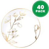 [7'' Plates 40 Count] White Plastic Floral Design Party Plates With Gold Rim Premium heavyweight Elegant Disposable Tableware Dishes