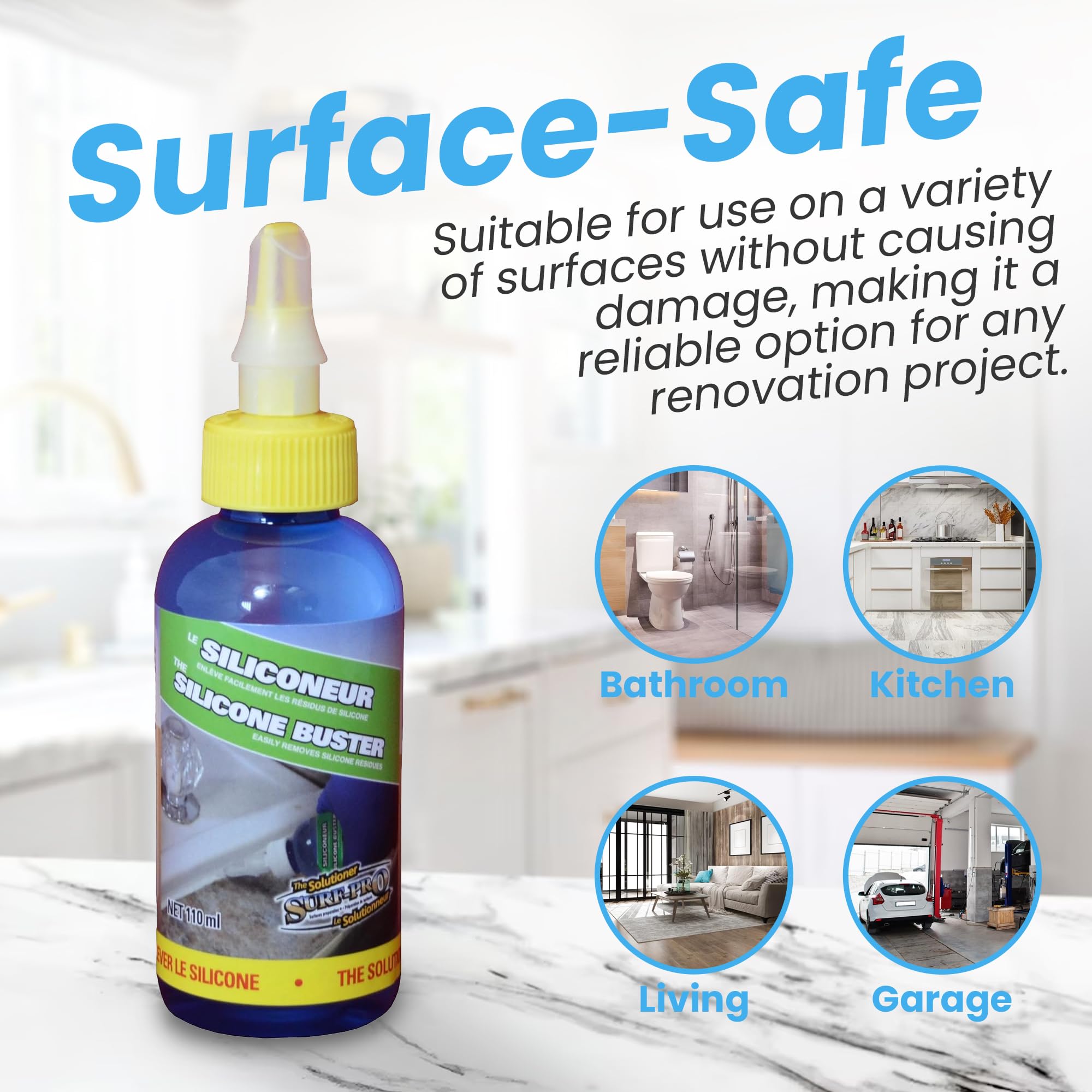 Silicone Buster Remover - 110ml Silicone & Caulk Residue Cleaner with Precision Nozzle - Fast-Acting Gel, Surface-Safe Formula for Post-Scraping