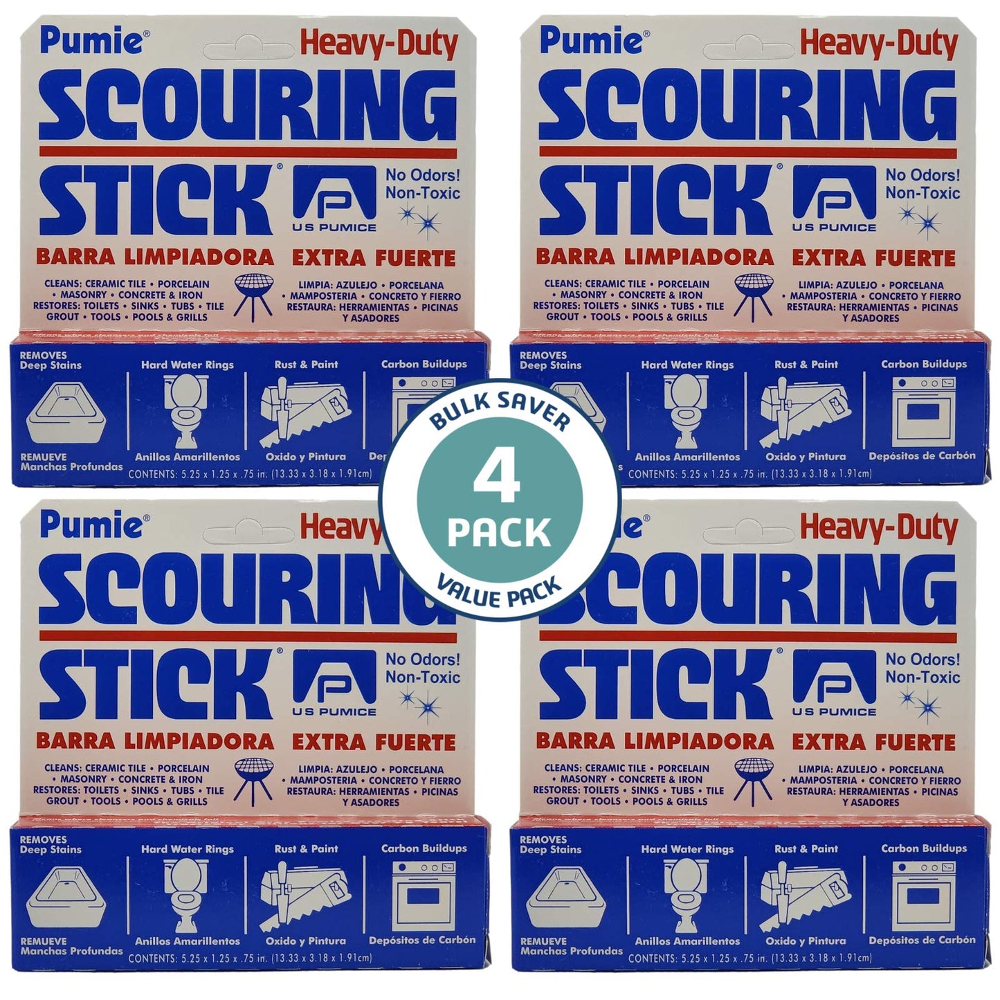 PUMIE Scouring Stick for Toilet (4-Pack) - Heavy Duty Cleaning Pumice Stone for Hard Water Rings, Rust & Stains - Non-Toxic & Chemical-Free - Natural