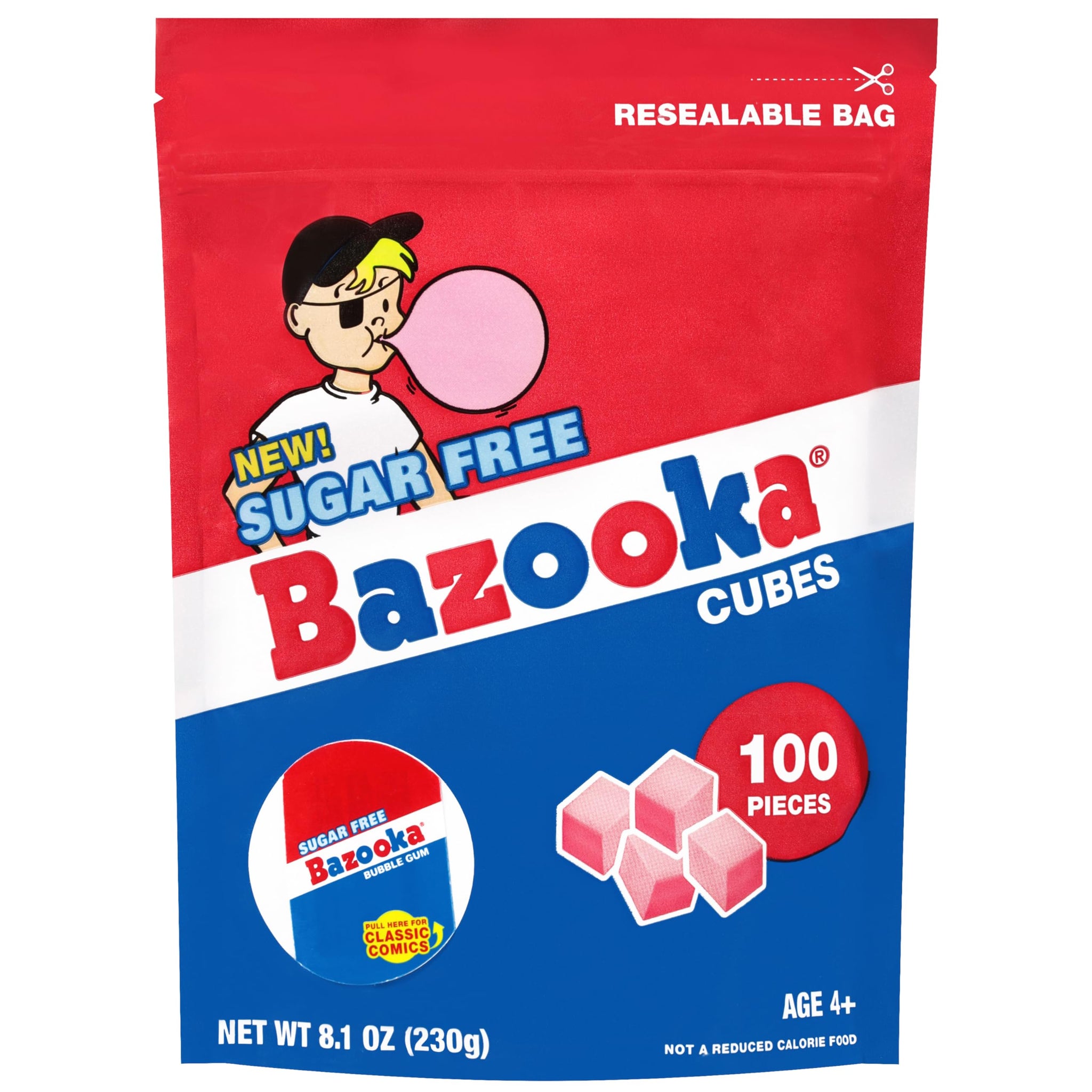 Bazooka Bubble Gum Sugar-Free Chewing Gum Cubes, Bulk in Resealable Bag, 100 Ct in Original Pink Flavor w/Bazooka Joe Comics, Baseball Party Favors