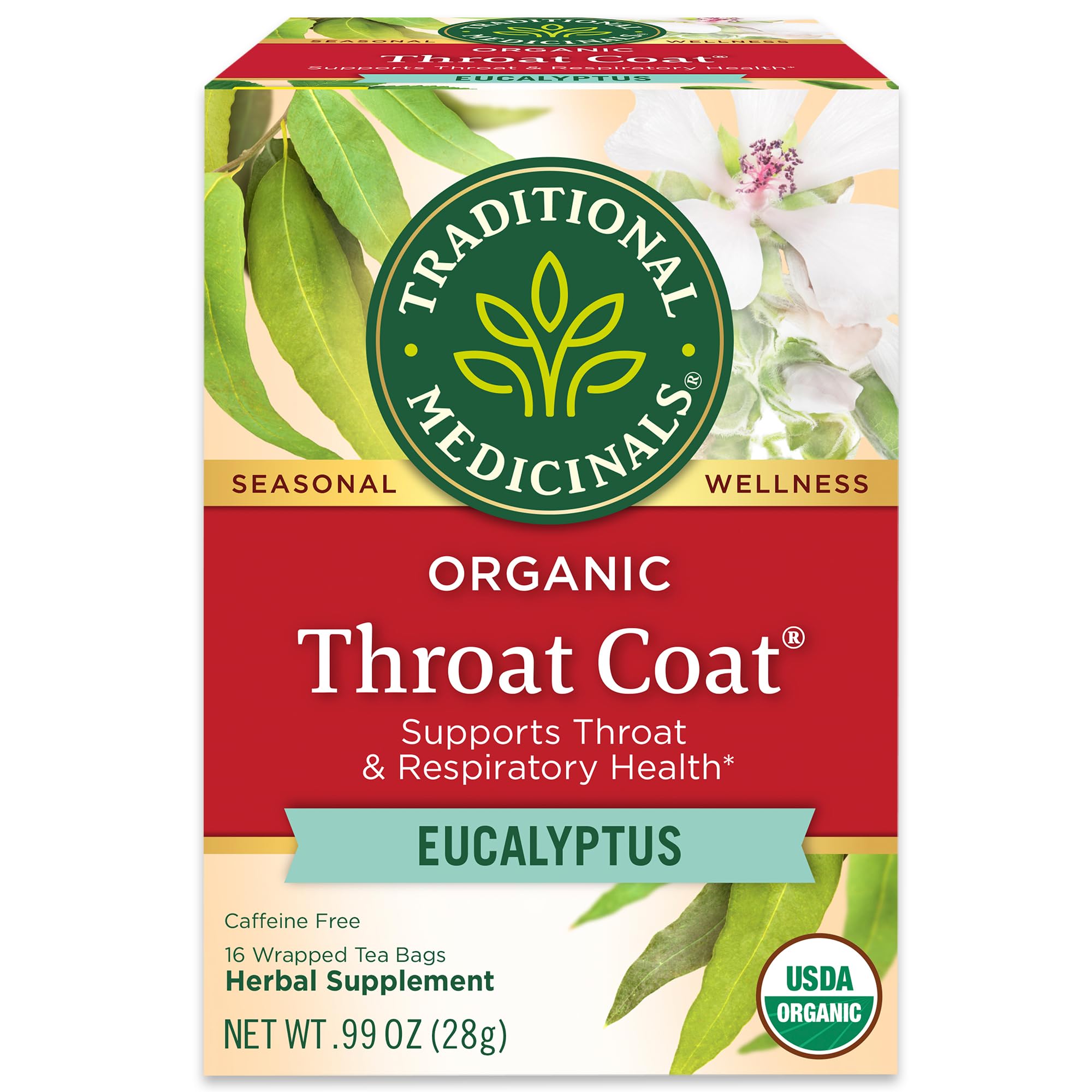 Traditional Medicinals Organic, Throat Coat Tea, Eucalyptus & Slippery Elm - Supports Respiratory and Throat Health - Kosher, Non-GMO, Caffeine-Free