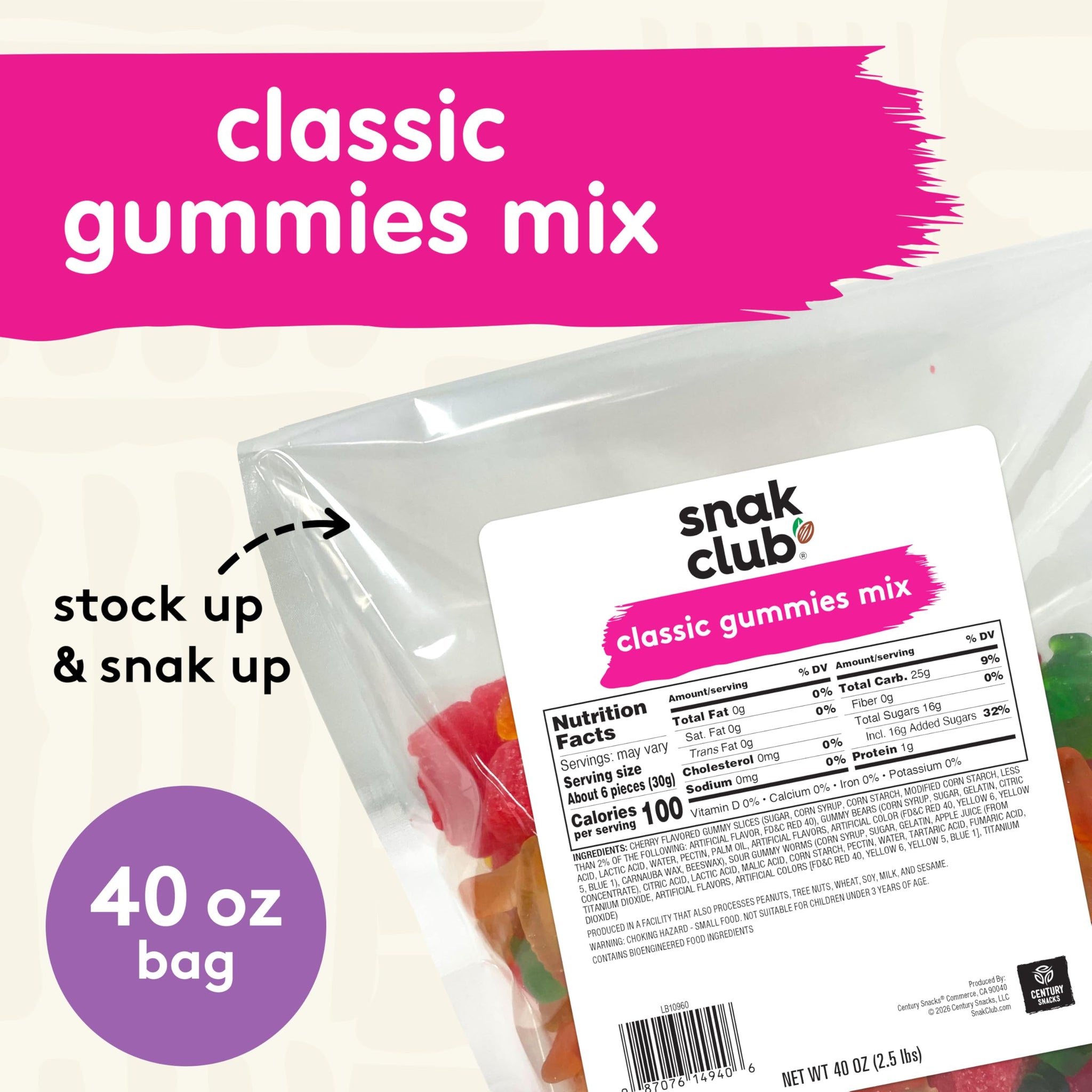 Snak Club Mixed Classic Gummies, Bulk Candy Mix with Gummy Bears, Sour Worms, Cherry Slices, Soft and Chewy Assorted Fruit Gummies, 40 oz Bag