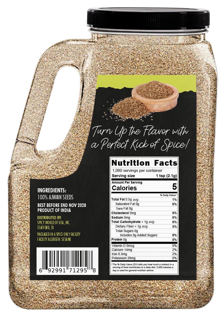Spicy World Ajwain Seeds 5 LB Bulk Jar - Carom Seeds, Bishops, 100% Natural, Premium Quality - Great for Tea, Breads, Spice Rubs, Digestion and More