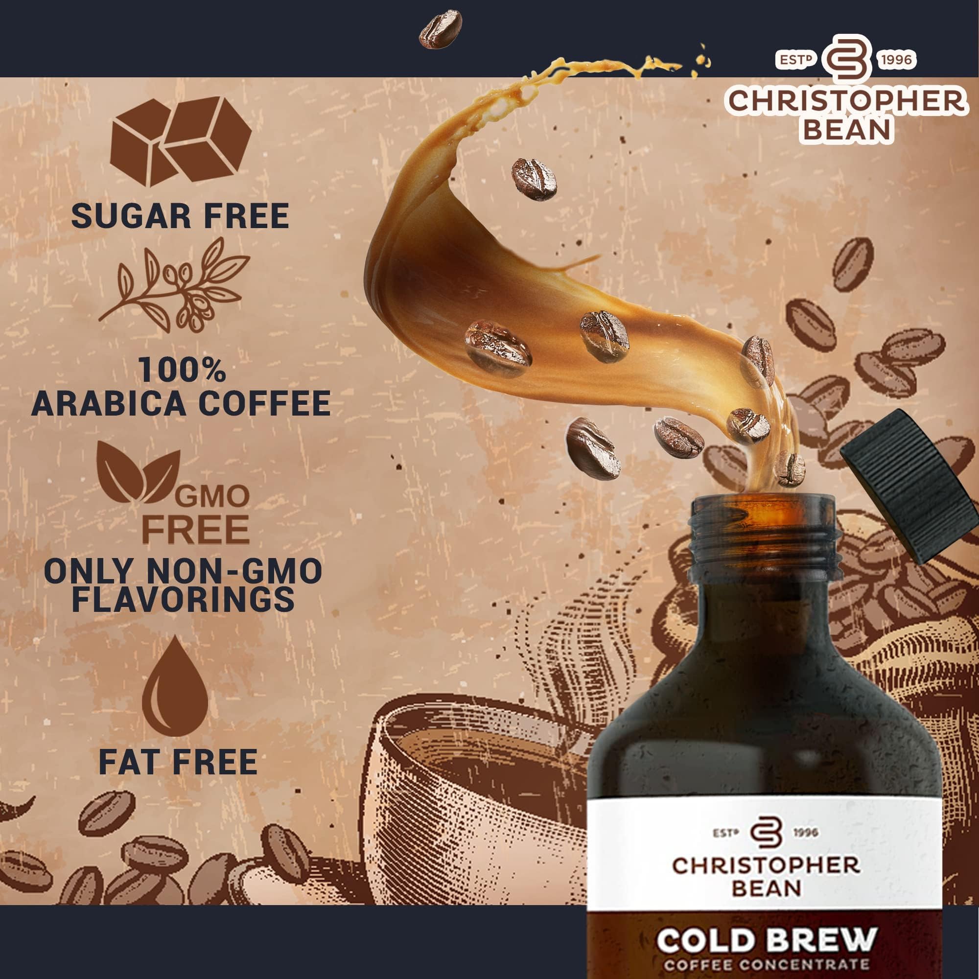 Christopher Bean Hand Crafted French Roast Flavored Coffee - Unsweetened Cold Brew & Iced Instant Coffee Distillate Liquid Java - Vanilla Coffee Beans
