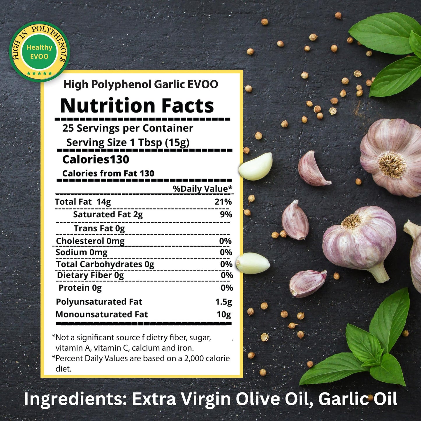 M.G. PAPPAS High Polyphenol Rich Garlic Infused Olive Oil - Extra Virgin Olive Oil - Over 500mg/kg - Cold Pressed & Unfiltered - High Hydroxytyrosol Greek Olive Oil - Award Winning