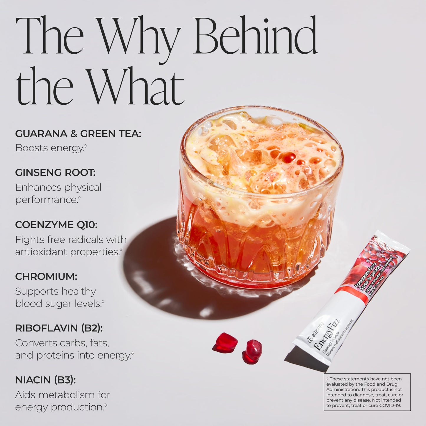 Arbonne Ginseng Energy Supplements - PomegranateFlavor Fizz Sticks, Energy Boost with Caffeine Powder from Guarana and Green Tea, Delicious