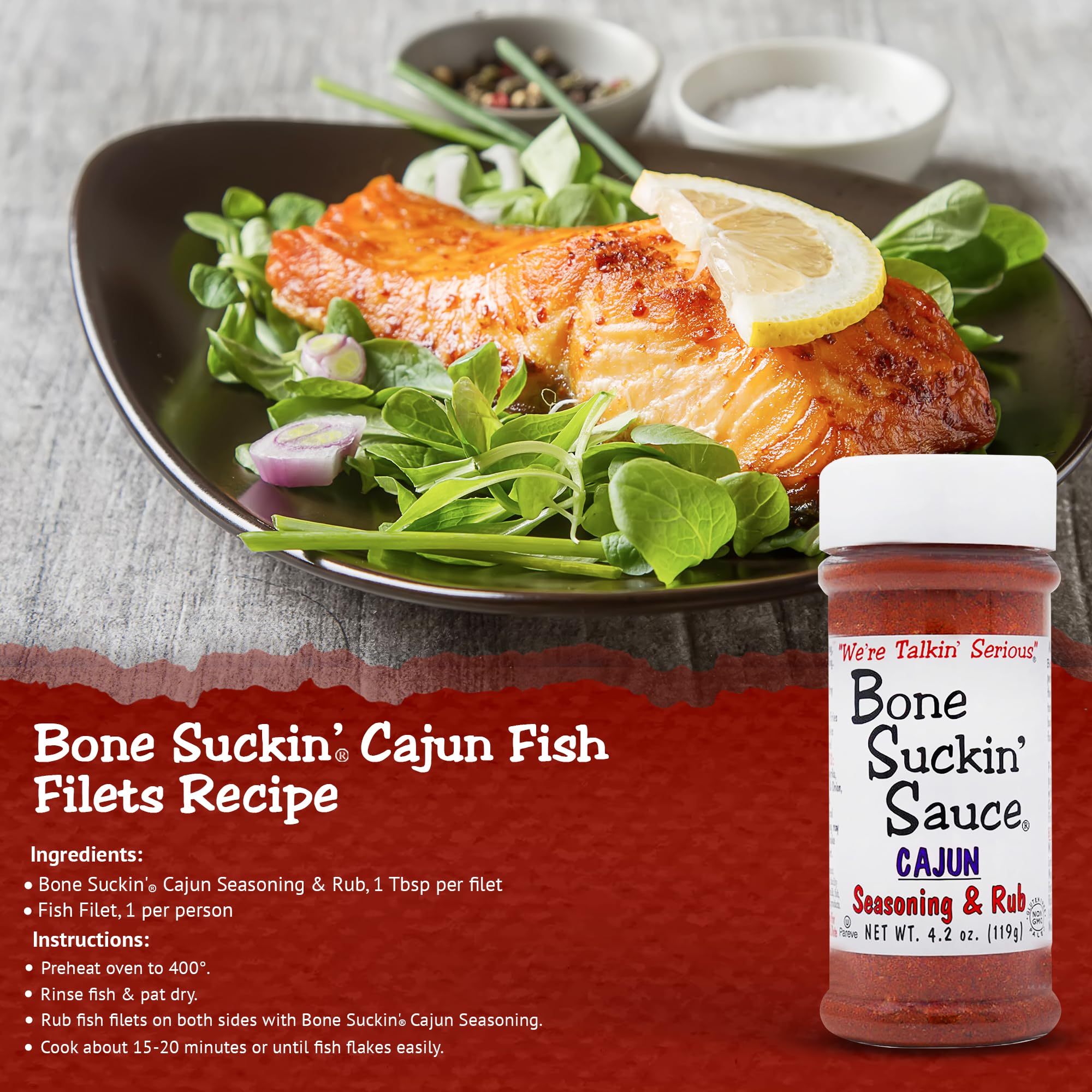 Bone Suckin' Cajun Seasoning & Rub, 4.2 Oz - Gluten-Free, Non-GMO, Kosher, Pareve, & Sugar Free. No Anti Caking Agent & No MSG!