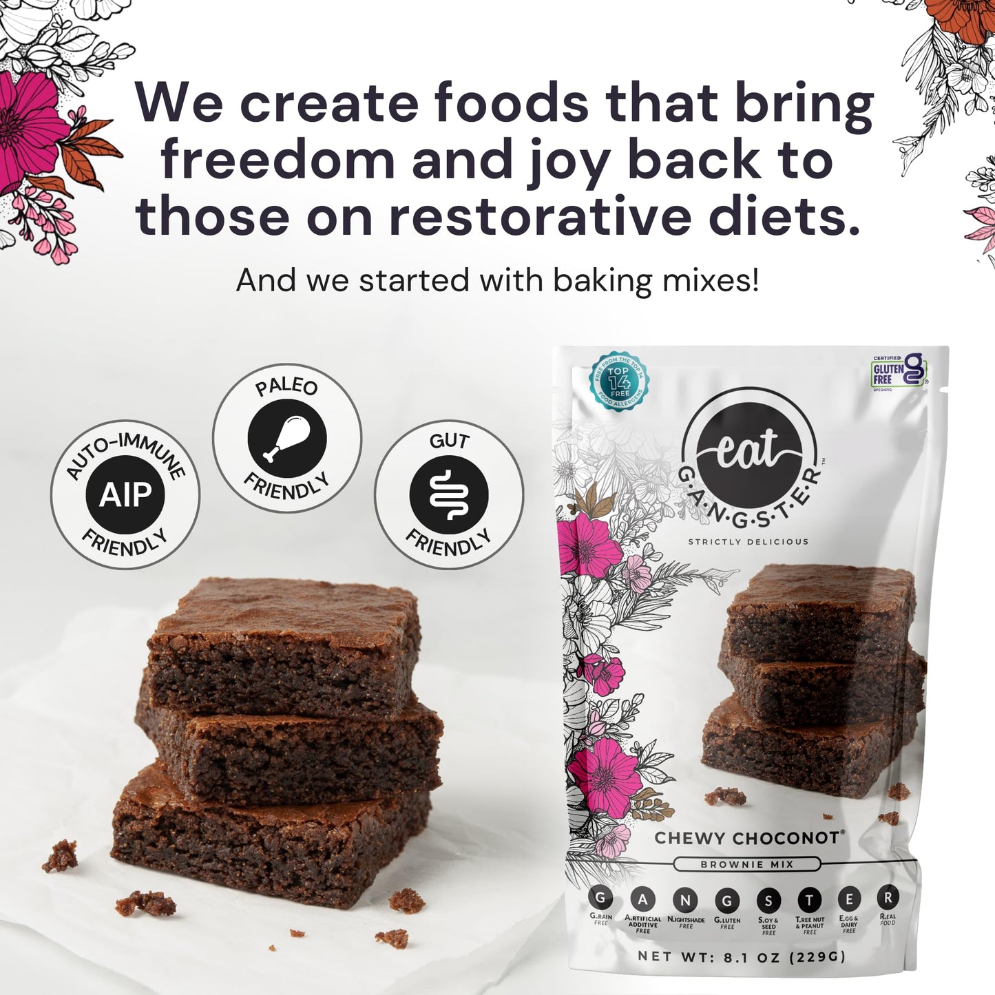 eat G.A.N.G.S.T.E.R. Chewy Choconot Brownie Mix - Allergy-Friendly Baking Mix, Grain-Free, No Dairy, Nuts, Gluten, Dairy - For Paleo & AIP Diets, Try with Chocolate or Carob Chips & Nut Butters