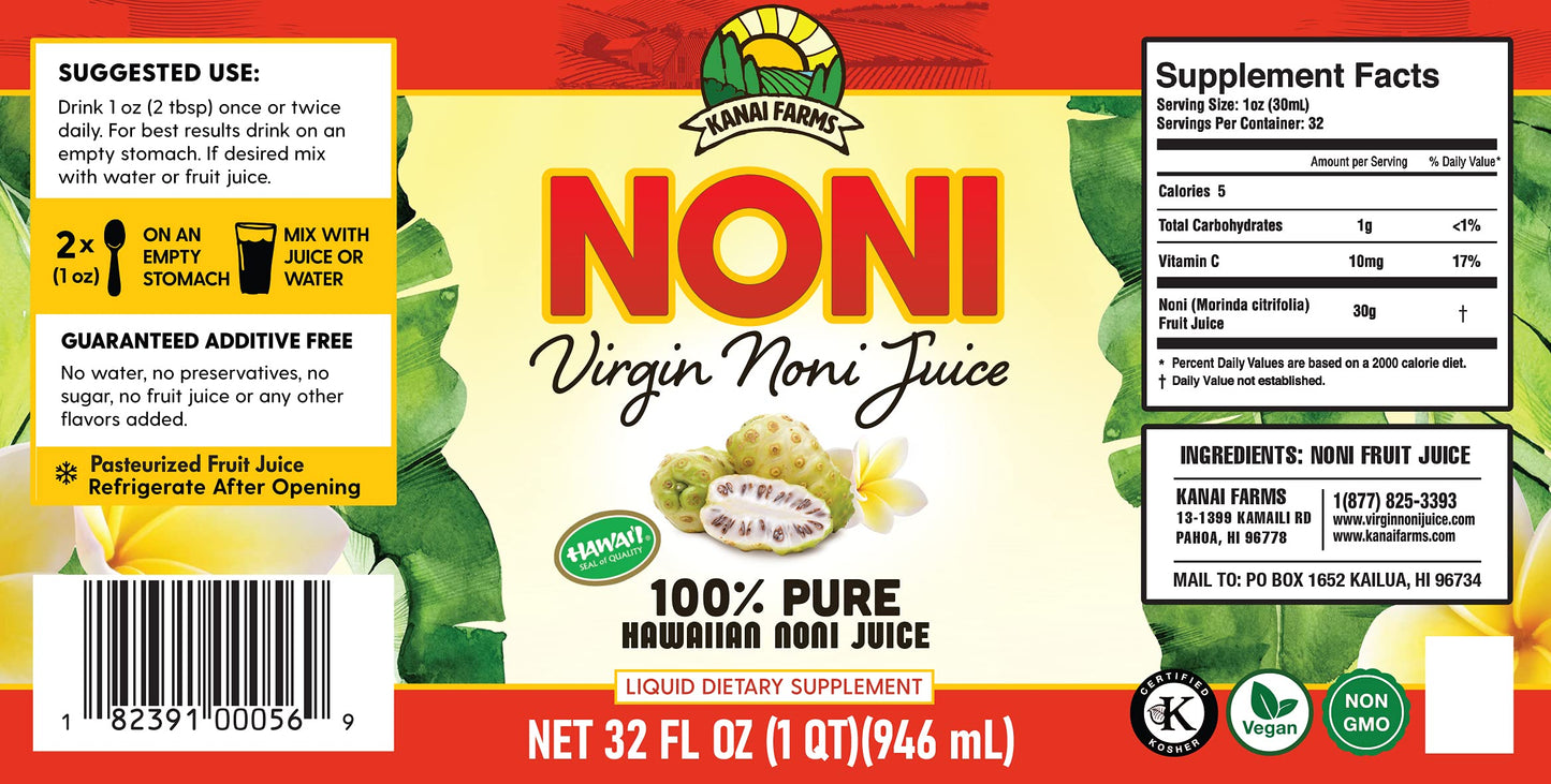 Virgin Noni Juice - 100% Pure Hawaiian Noni Juice - 2 Pack of 32oz Glass Bottles