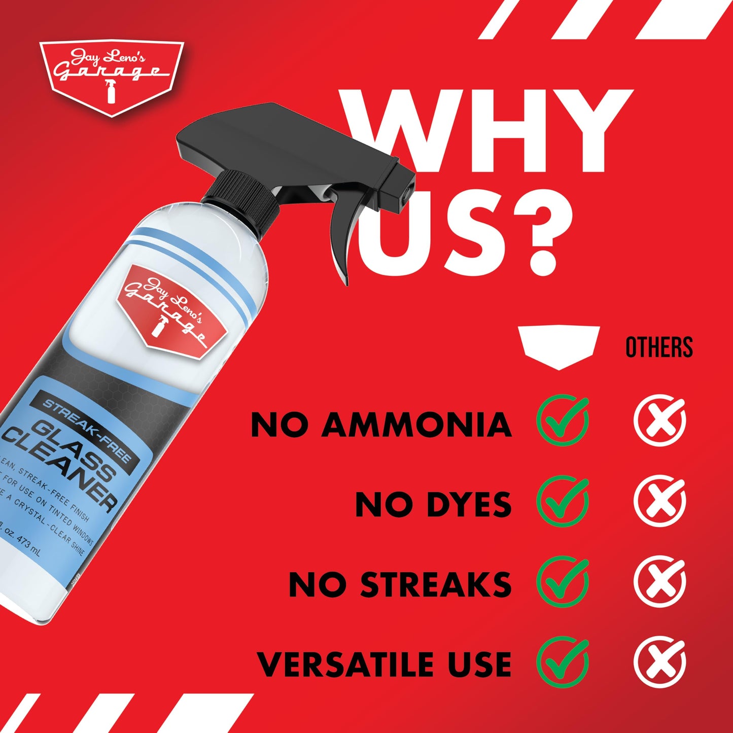 Jay Leno's Garage Glass Cleaner Spray - Streak-Free Auto Glass Cleaner for Cars, Automotive Window Cleaner for Car Windows, Windshields & Mirrors