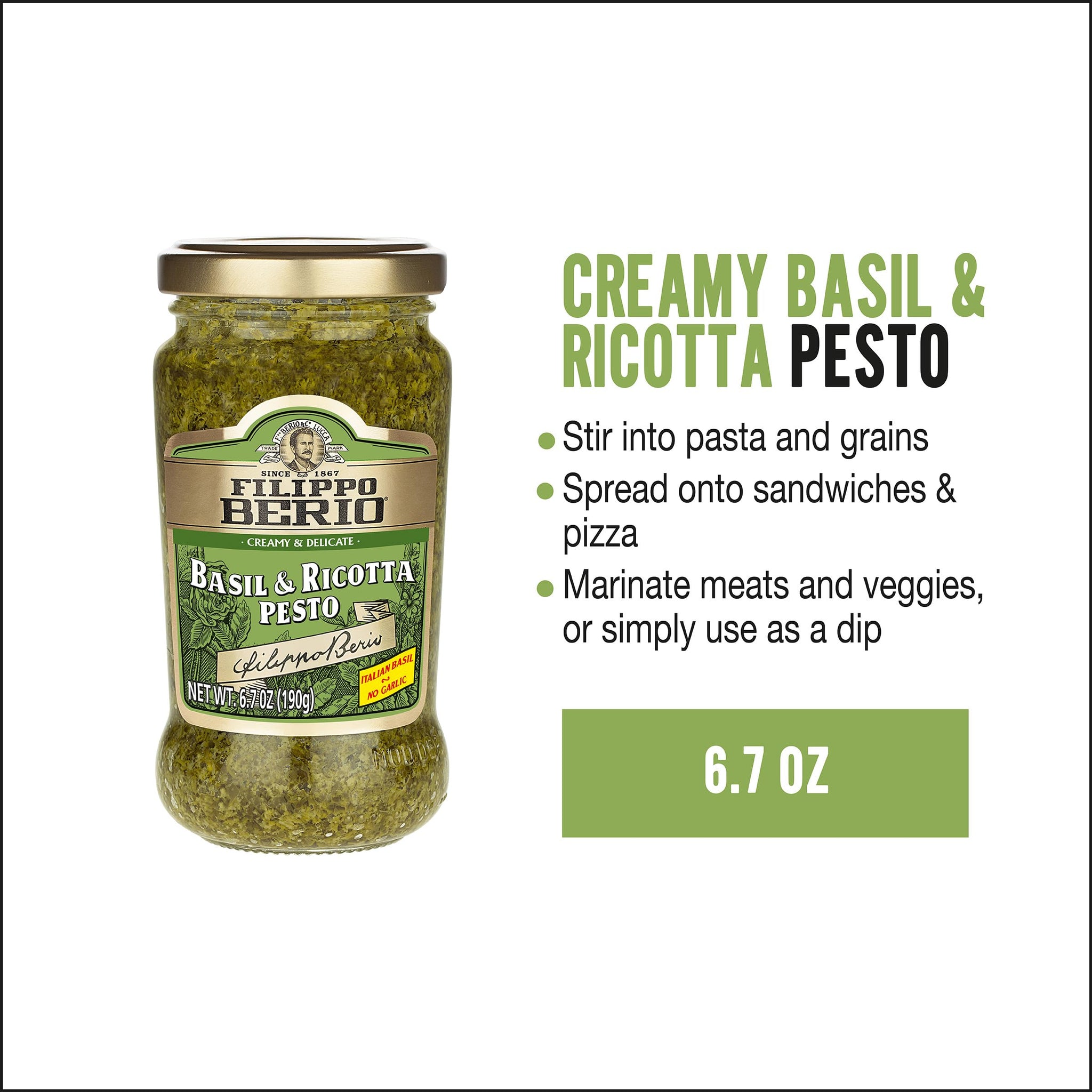 Filippo Berio Pesto, Basil & Ricotta, 6.7 Ounce Glass Jar, Gluten Free, Non-GMO