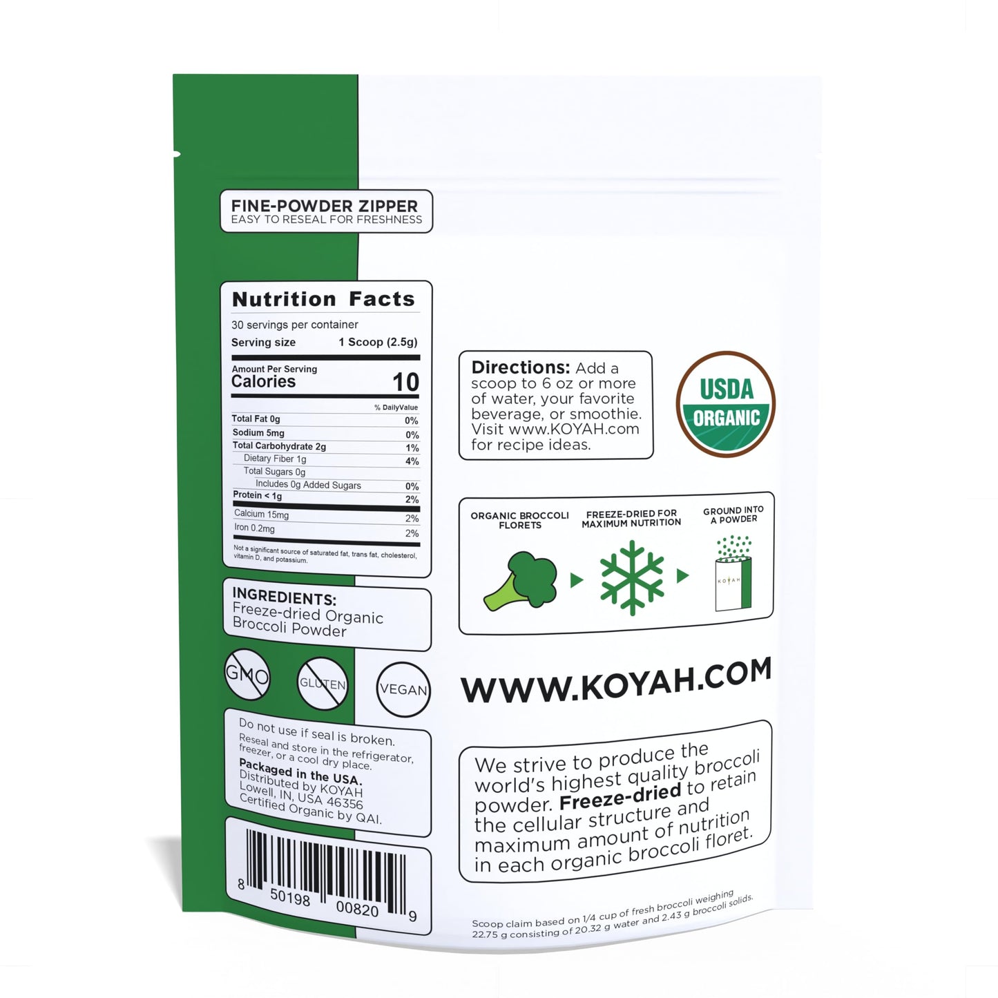 KOYAH - Organic USA Broccoli Powder (1 Scoop Equivalent to 1/4 Cup Fresh): 30 Scoops, Freeze-dried, Whole-Vegetable Powder