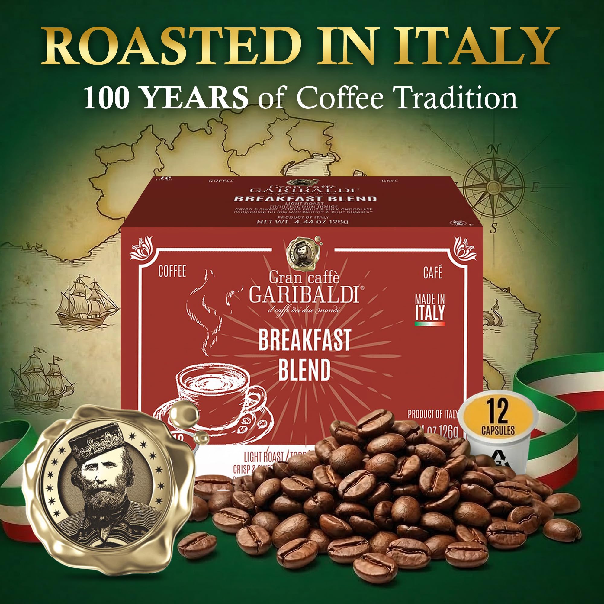 Caffè Garibaldi Breakfast Blend Coffee Pods, Single-Serve Capsules for Keurig K-Cup Brewers, Single Serve Cups with 100% Arabica Blend, 72 Count