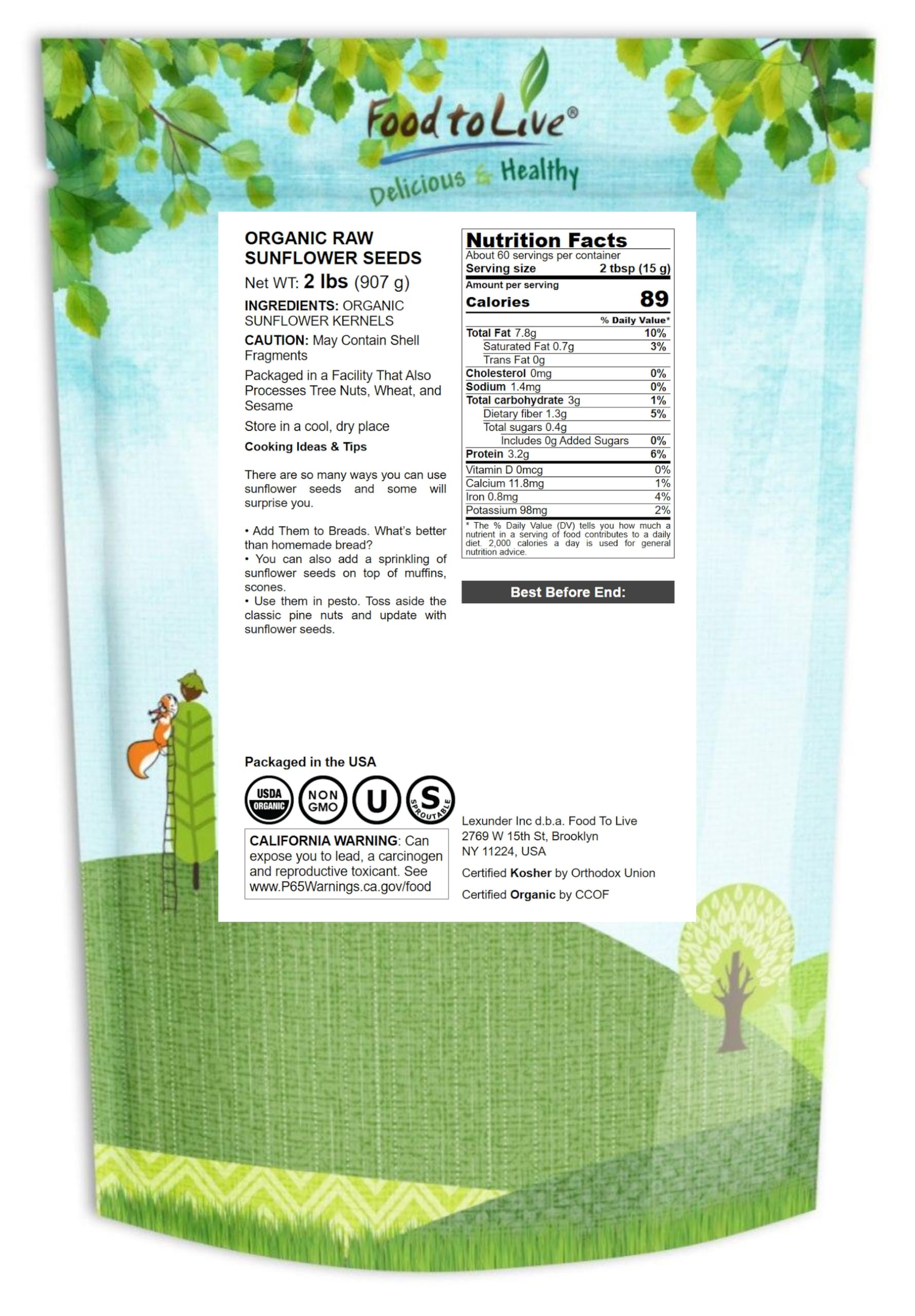 Food to Live - Organic Sunflower Seeds, 2 Pounds - Hulled, Raw, Non-GMO, Dried Kernels, Unsalted, Kosher, Vegan, Keto, Paleo, Sirtfood, Bulk