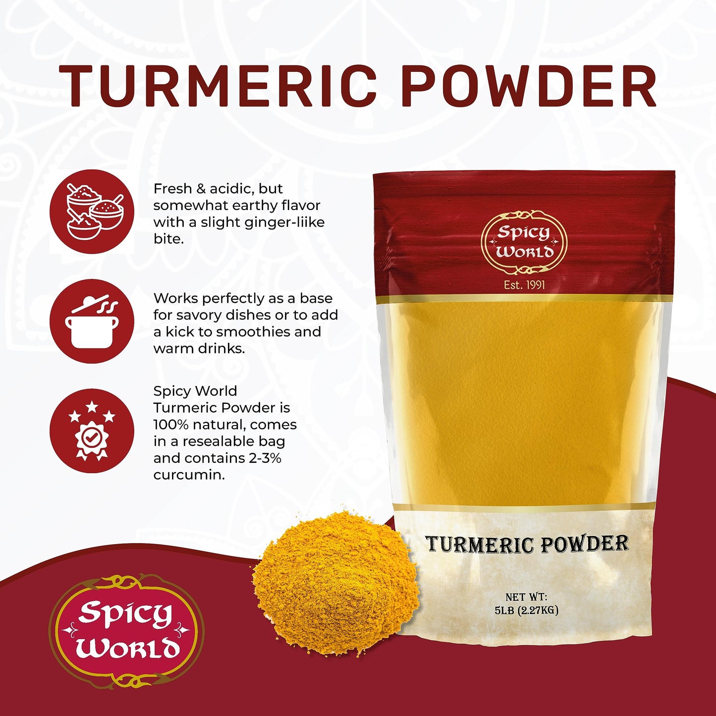 Turmeric Powder 5 Pound Bulk Bag - Indian Turmeric Root Ground (Haldi) - Minimum Curcumin 2.5% - Pure, Vegan, from India by Spicy World