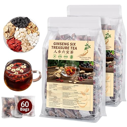 Kidney Tea Formula Ginseng Six Treasure Tea - Natural Chinese Traditional Herbal Ginseng Five Treasures Kidney Detox Cleanse Teabag For Men Women (60
