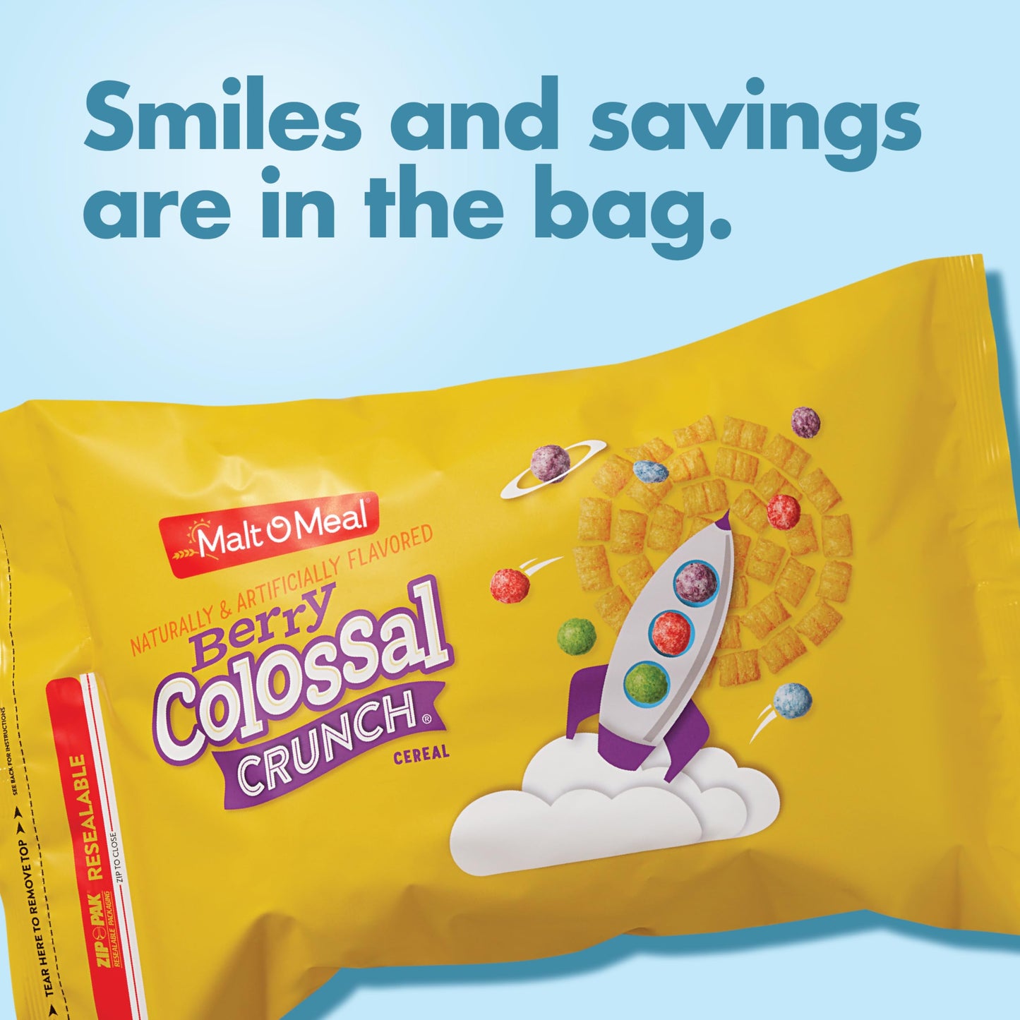 Malt-O-Meal Berry Colossal Crunch Breakfast Cereal, Sweetened Corn and Oats, Family Size, 34.5 oz Resealable Bag