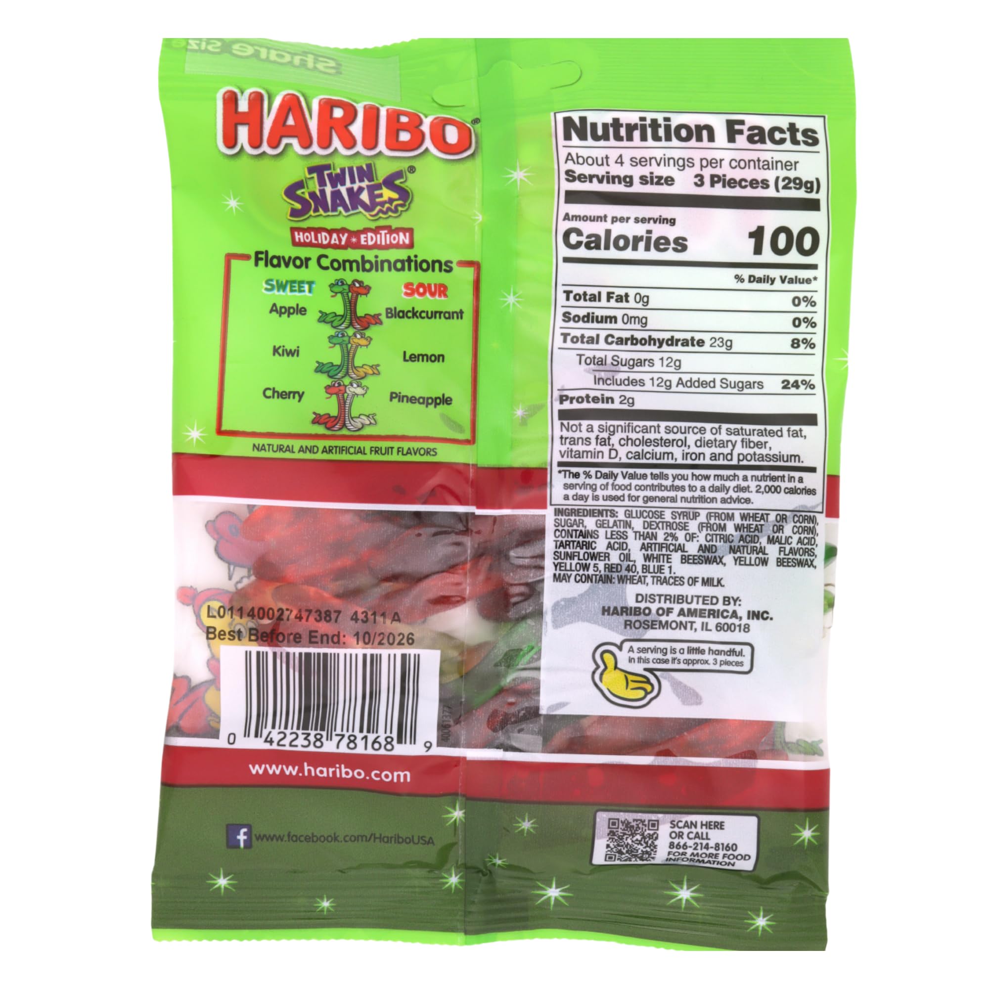 Haribo Holiday Twin Snakes, Sweet and Sour Gummy Candy, Christmas Stocking Stuffer Treats, 4 Ounces (Pack of 3)