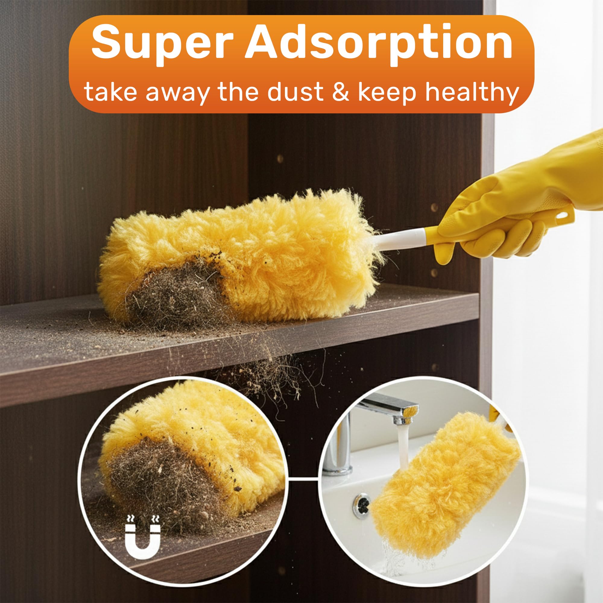60 Pack Heavy Duty Duster Refills with Extendable 3FT Handle, Multi Surface 360 Disposable Dusters Kit for Cleaning Furniture, Blinds, Ceiling Fan