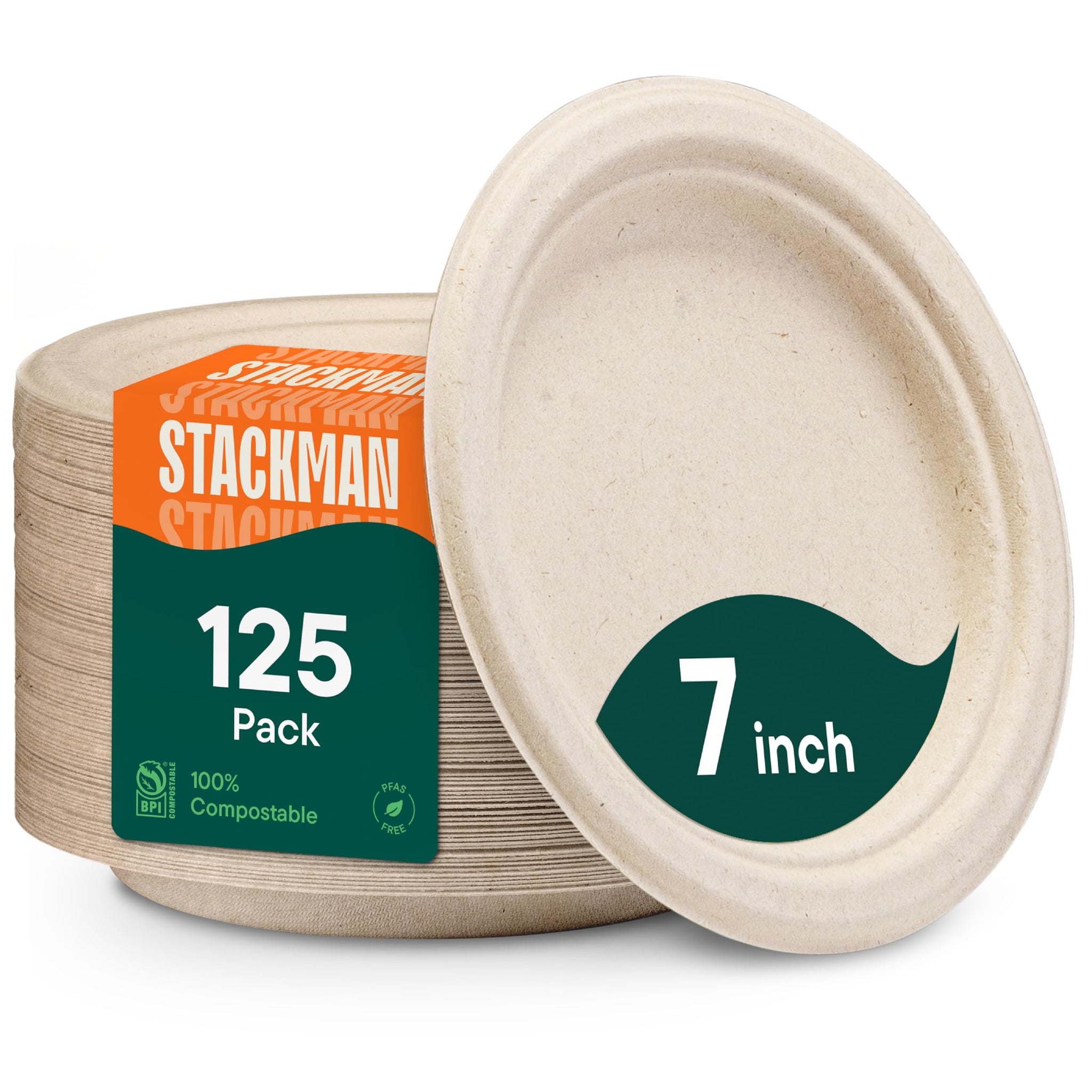 Paper Plates, 100% Compostable Heavy Duty, Disposable 7 Inch, Small Dessert Plate - [125-Pack] Eco-Friendly, Biodegradable Bagasse Natural Brown 7"
