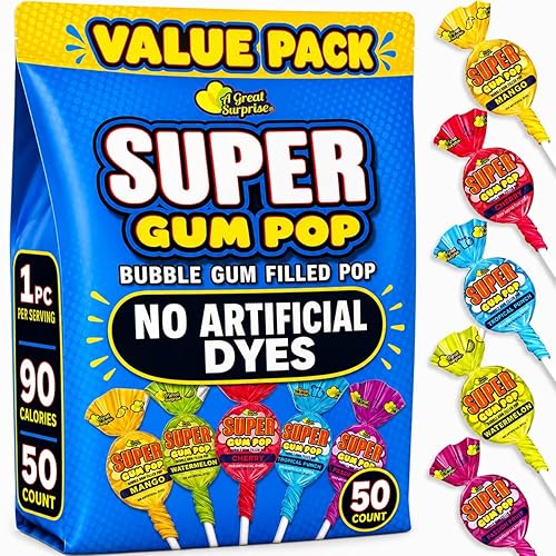 Super Gum Pops - 50 Count - No Artificial Dyes - Over 2 Pounds Lollipops With Gum - Cherry, Passionfruit, Mango, Watermelon, and Tropical Punch