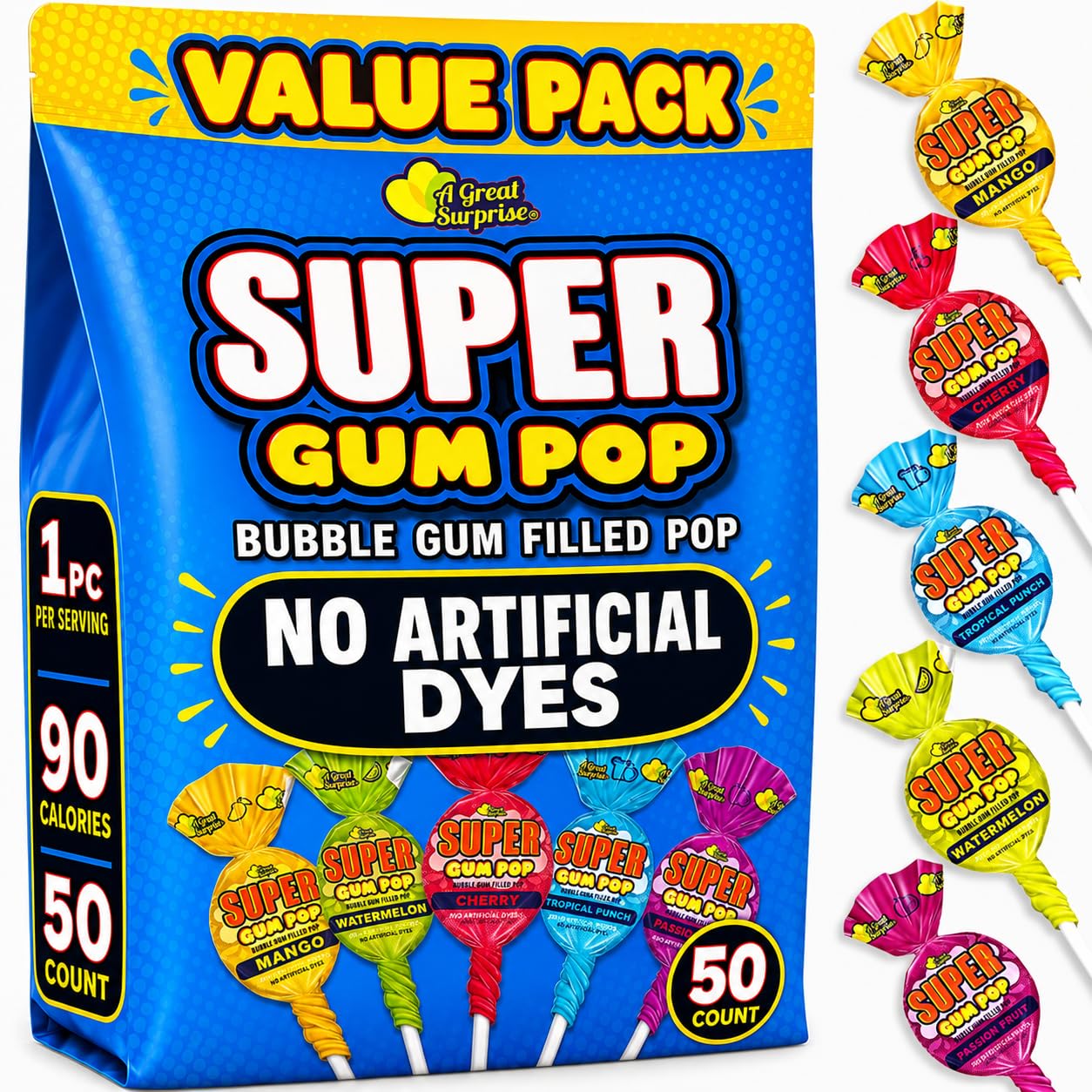 Super Gum Pops - 50 Count - No Artificial Dyes - Over 2 Pounds Lollipops With Gum - Cherry, Passionfruit, Mango, Watermelon, and Tropical Punch