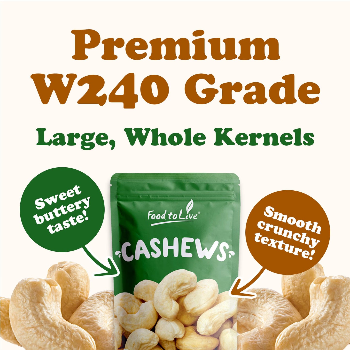 Food to Live Cashew Nuts, 2 Pounds - Large Size W240, Whole Nuts, Unsalted, Kosher, Raw, Vegan, Bulk
