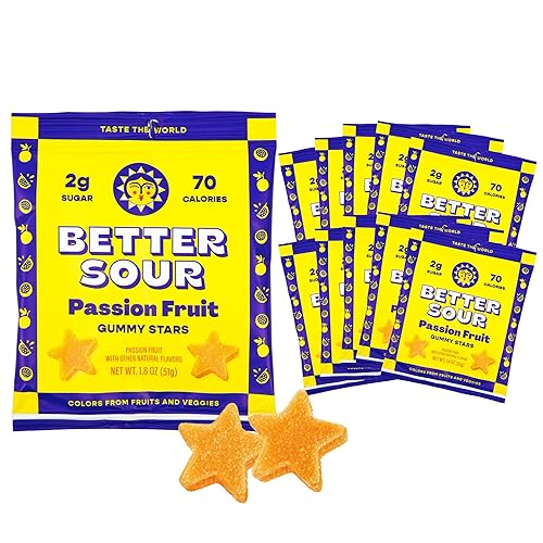 Better Sour Passion Fruit Gummy Stars Candy, Low Sugar, Vegan, with Fiber (Pack of 10)