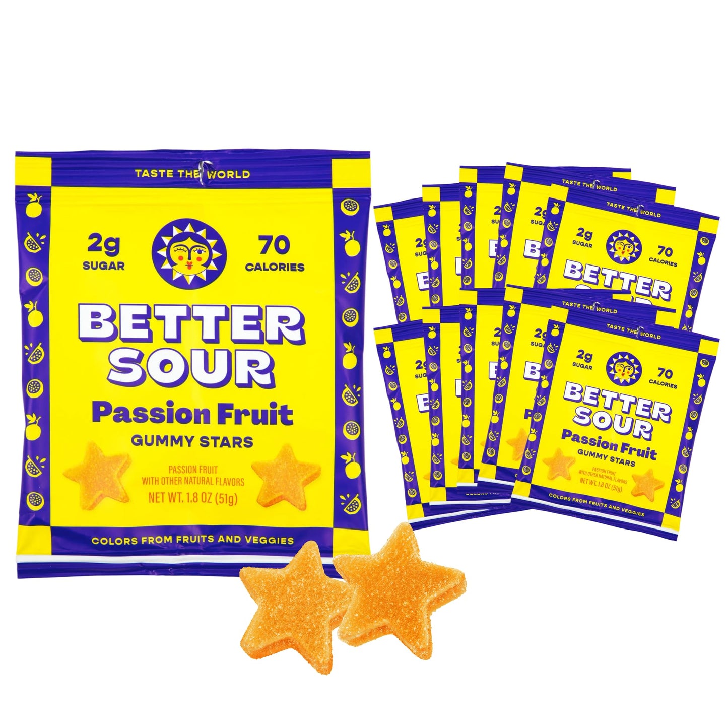 Better Sour Passion Fruit Gummy Stars Candy, Low Sugar, Vegan, with Fiber (Pack of 10)