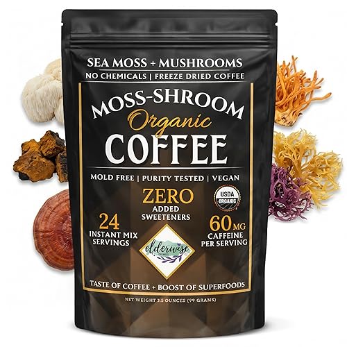 Elderwise Coffee with Mushrooms & Sea Moss - Lion's Mane, Chaga, Reishi & Cordyceps - 24 Servings - Healthy Coffee - Freeze Dried Instant - Chemical