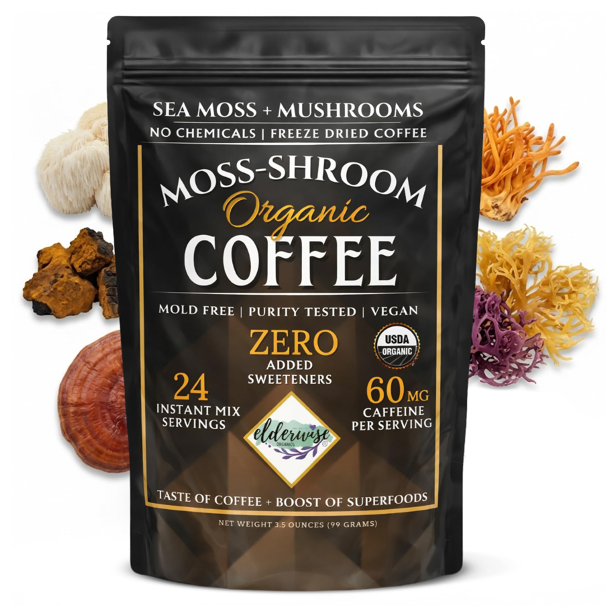 Elderwise Coffee with Mushrooms & Sea Moss - Lion's Mane, Chaga, Reishi & Cordyceps - 24 Servings - Healthy Coffee - Freeze Dried Instant - Chemical