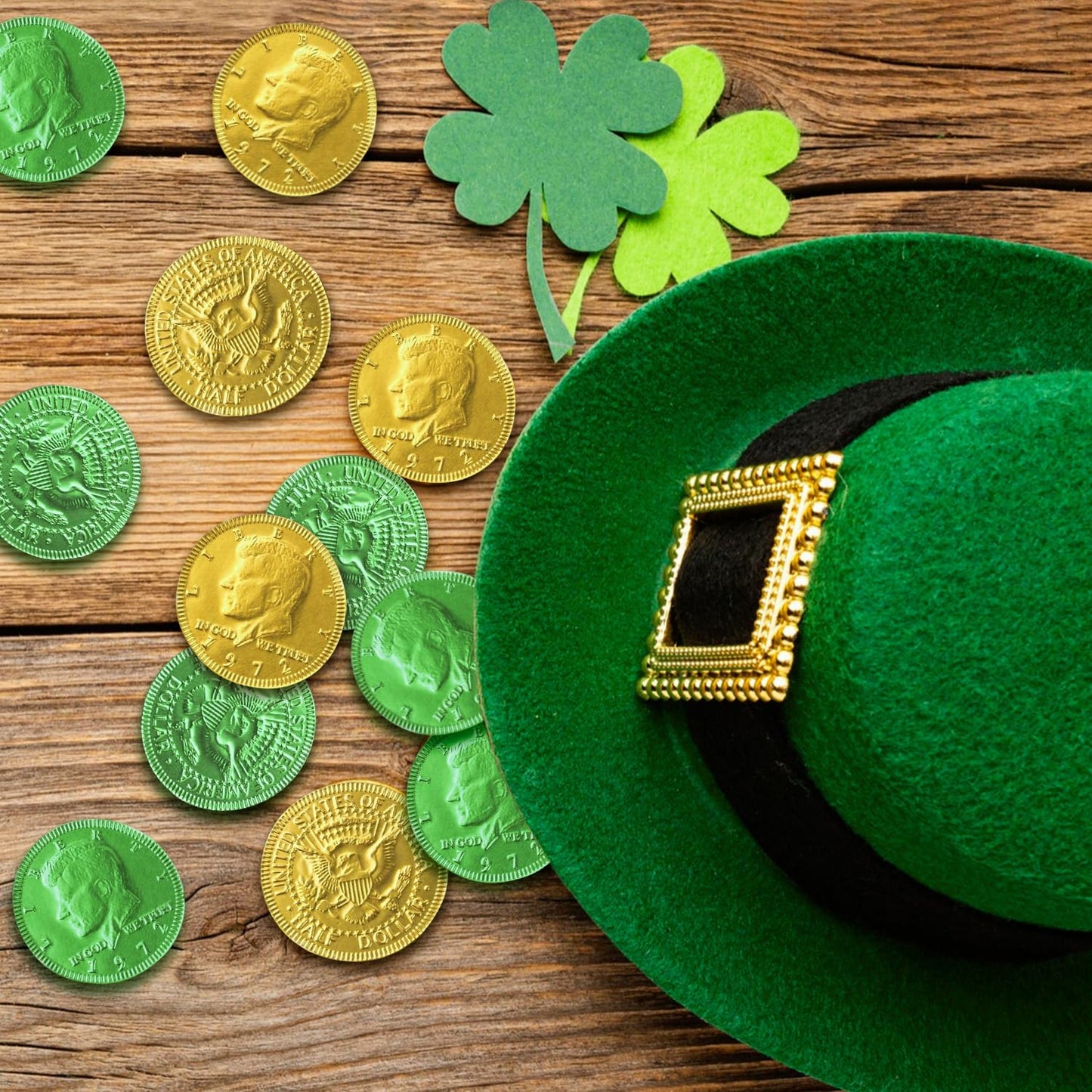 Belgian Milk Chocolate Gold & Green Large Coins - Smooth, Creamy European Chocolate Wrapped in Gold Foil, St. Patrick’s Day Candy for Parties, Parade