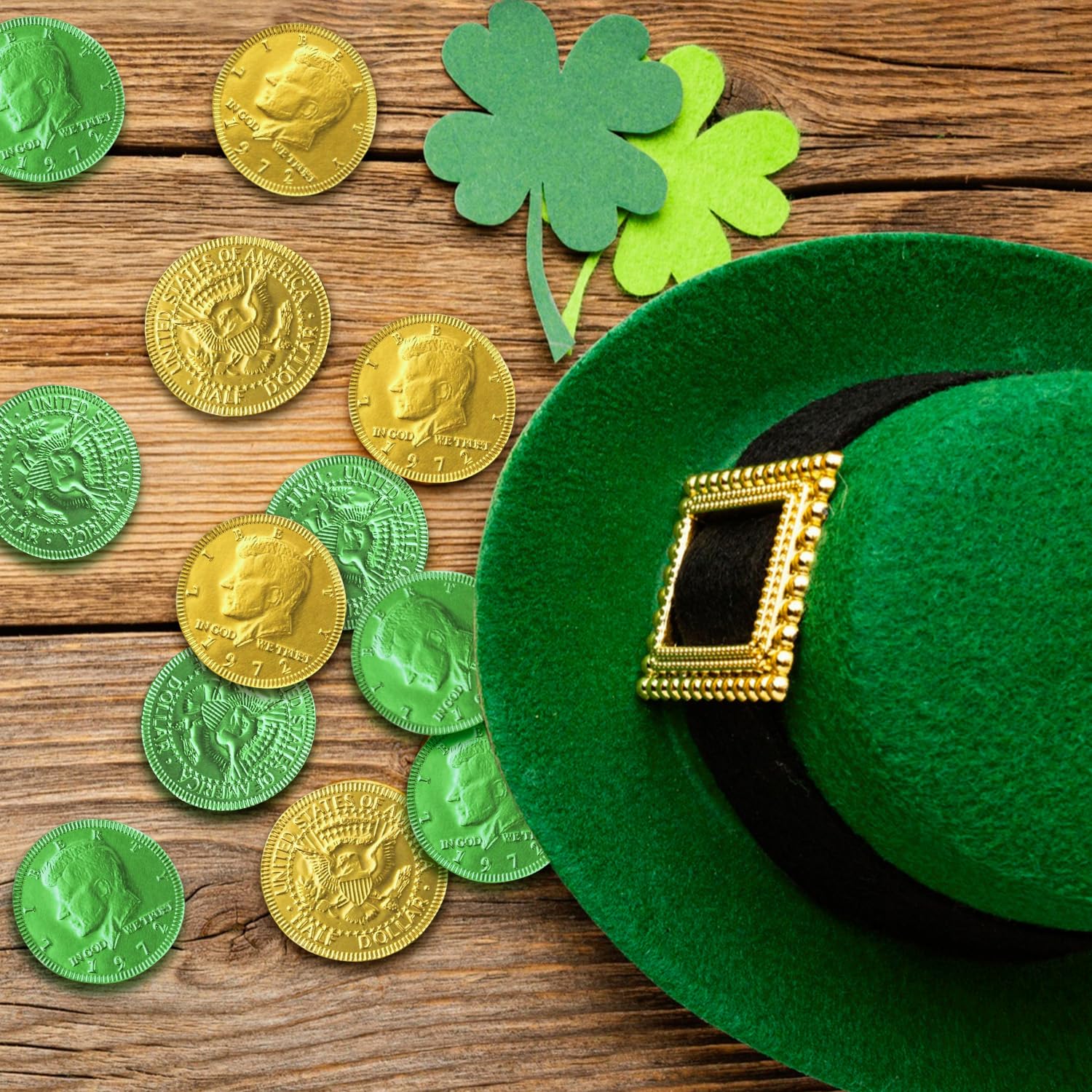 Belgian Milk Chocolate Gold & Green Large Coins - Smooth, Creamy European Chocolate Wrapped in Gold Foil, St. Patrick’s Day Candy for Parties, Parade