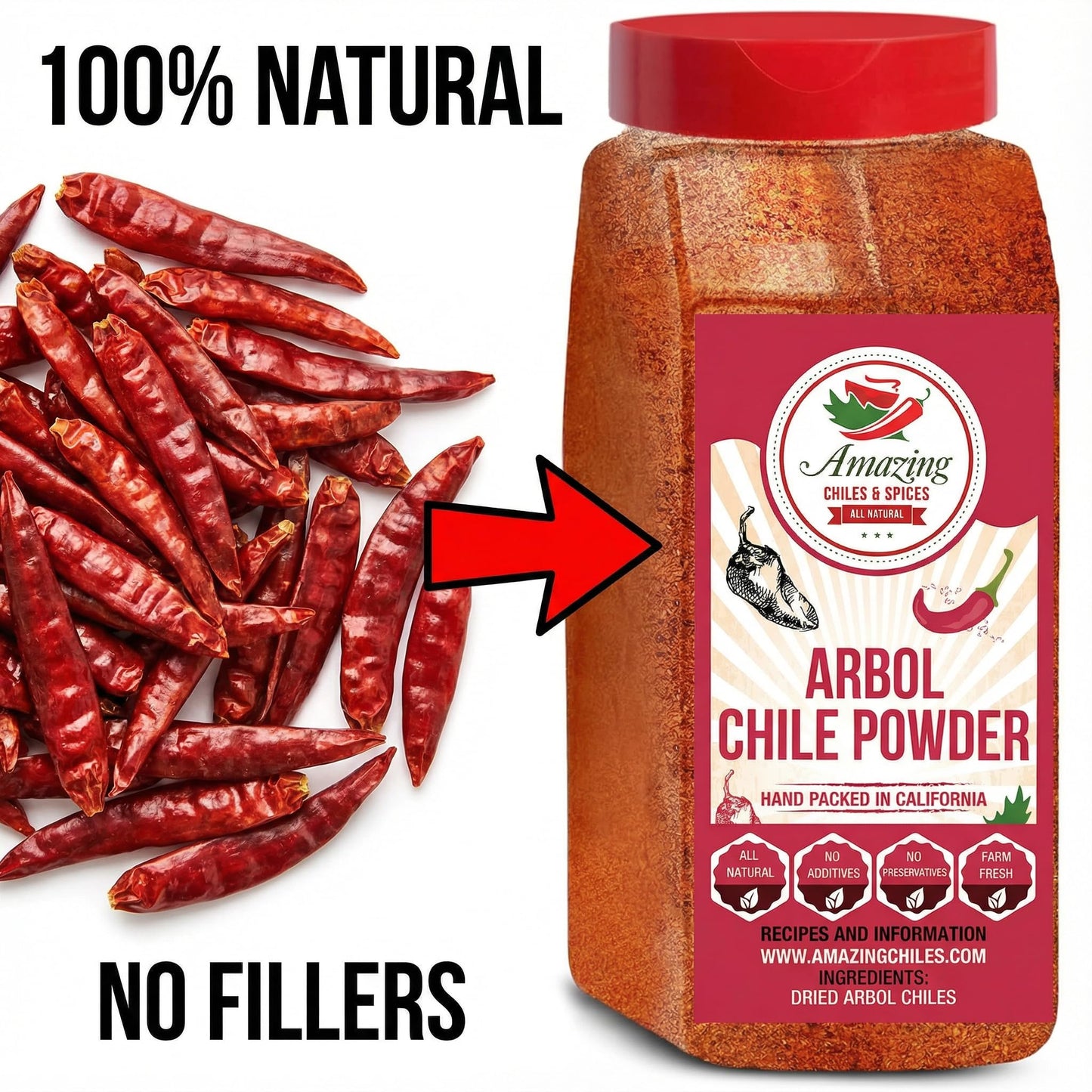 Chile de Arbol - Dried Red Chili Pepper Powder - 1LB (16oz) - Ground Peppers For Authentic Mexican Cuisine by Amazing Chiles & Spices