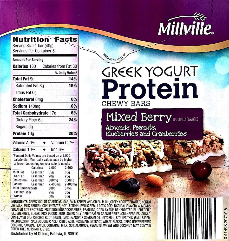 Milleville Greek Yogurt 10g Protein Chewy Bars (Mixed Berry)